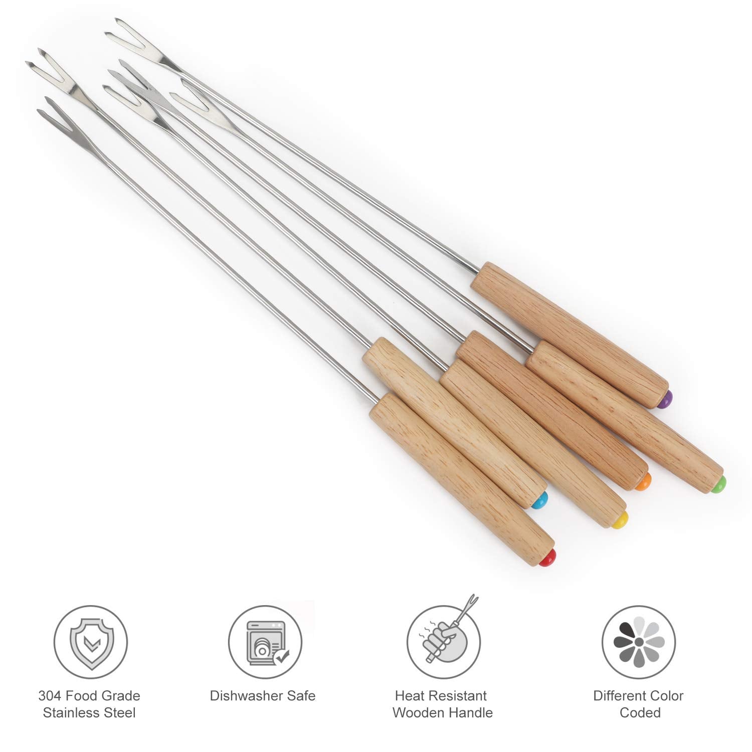 STYDDI Fondue Fork Set - 18Pcs Stainless Steel, Wooden Handle, 9.5 Inch, Multicolor for Chocolate Fountain & Cheese Fondue