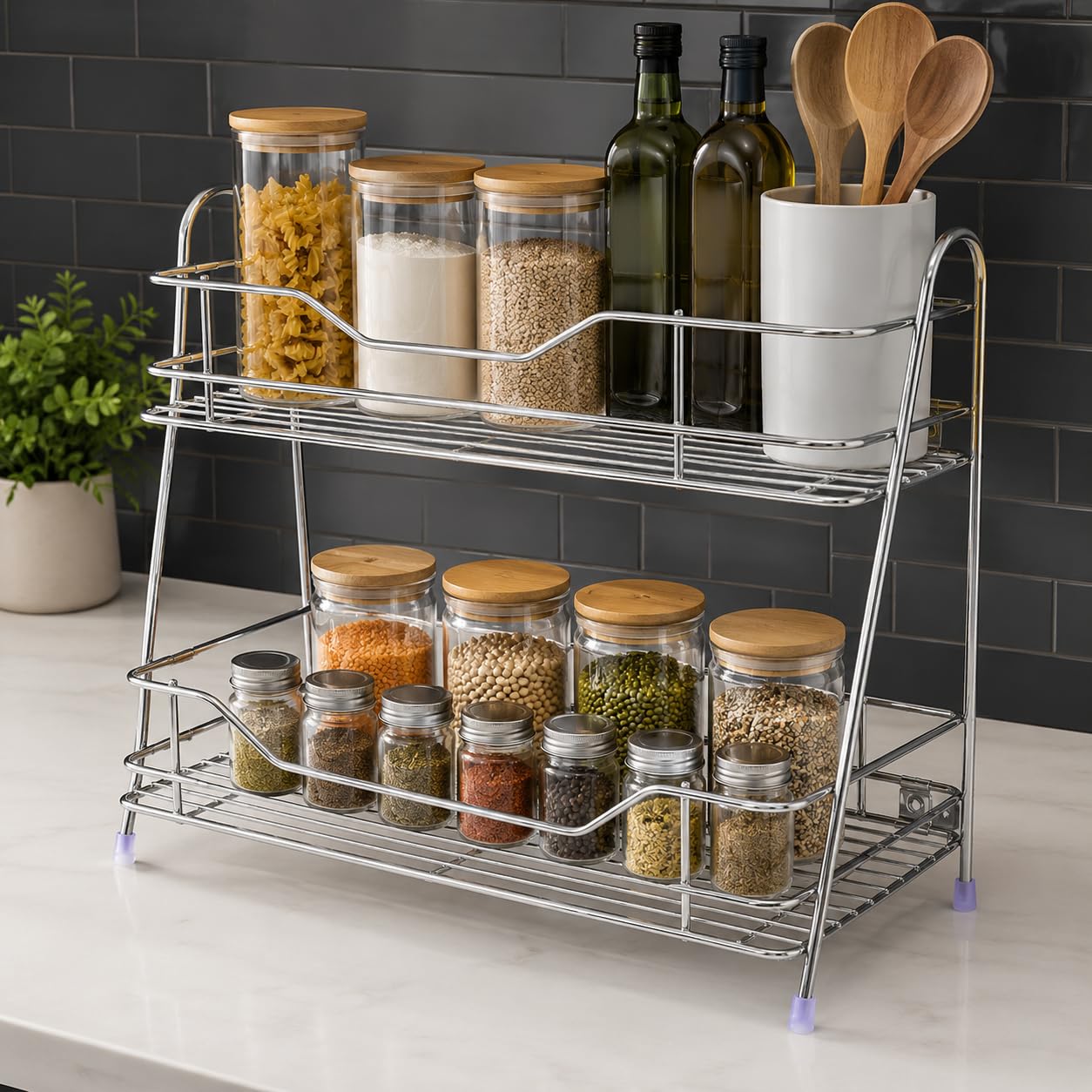 Keepwell Stainless Steel 2 Tier Kitchen Organizer/Spice Rack/Kitchen Stand/Kitchen Rack For Utensils/Multipurpose Storage Rack/W