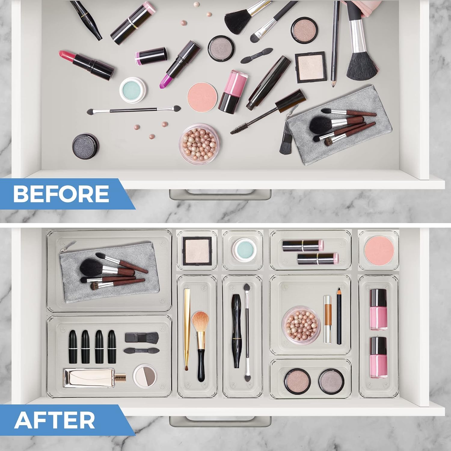 Zollyss Desk Drawer Organizers Trays Set Clear Plastic Storage Bins Bathroom Drawer Tray Dividers Vanity Trays Organizer For Bed