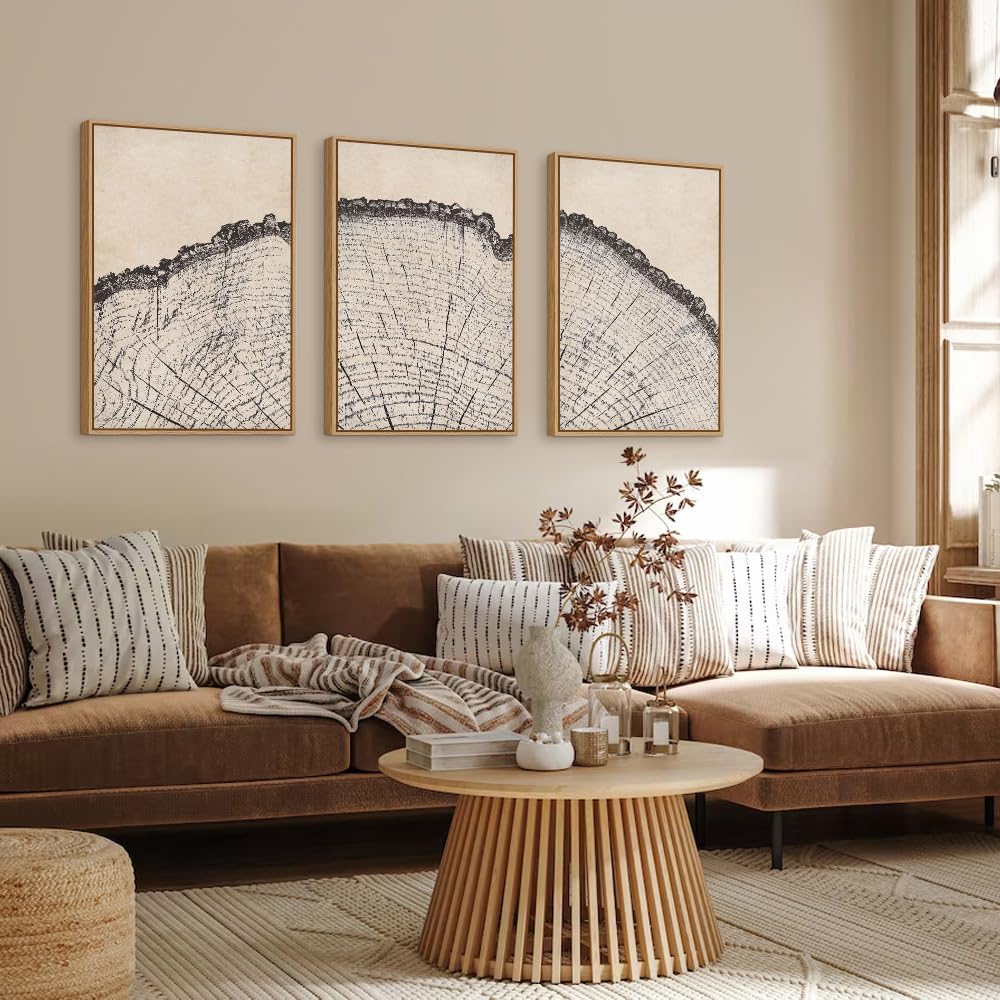 Hpinub Vintage Wood Tree Rings Wall Art Set, Framed Canvas Paintings, Black And White Nature-Inspired Decorative For Modern Home
