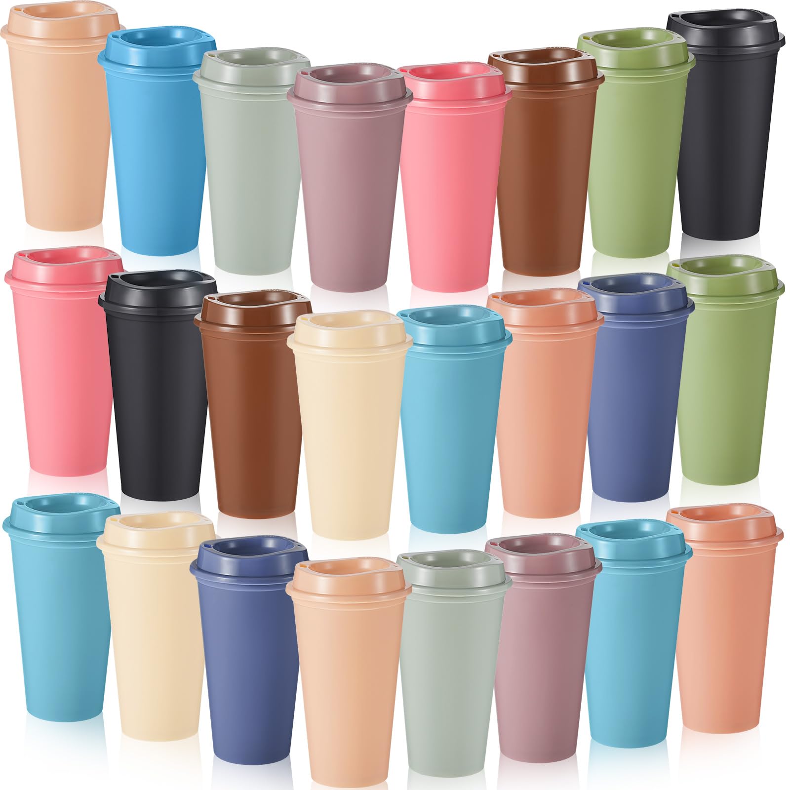 FillTouch 24 Pcs 12 Pcs 16 oz Reusable Coffee Cups with Lids, Microwaveable Plastic Travel Mugs for Hot and Cold Drinks - Bulk I