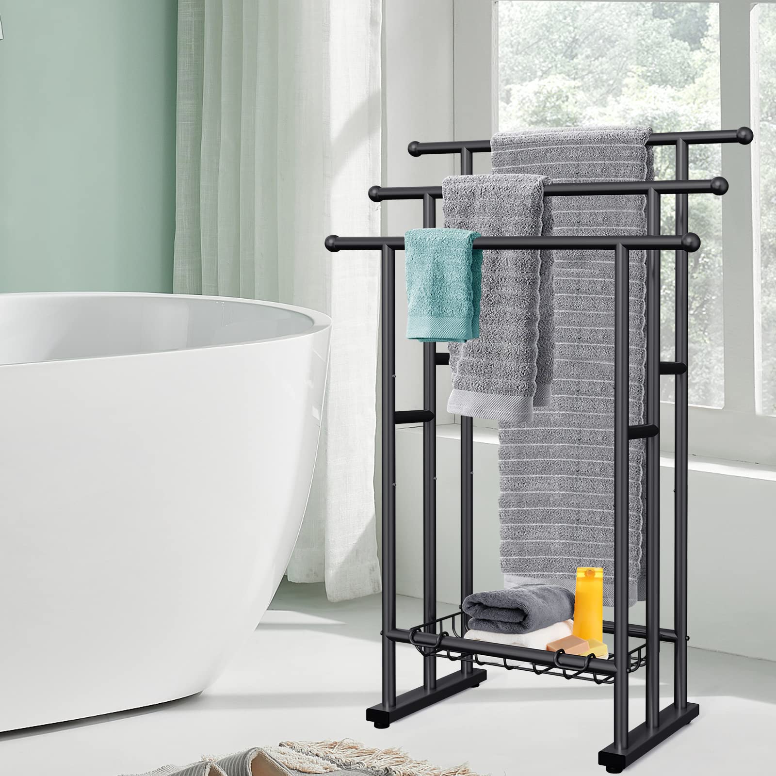 Kayfia 40'' H Free Standing Towel Rack, 3 Tier Alloy Steel Stand With Basket, Blanket Drying And Display Rack For Oversized Bath
