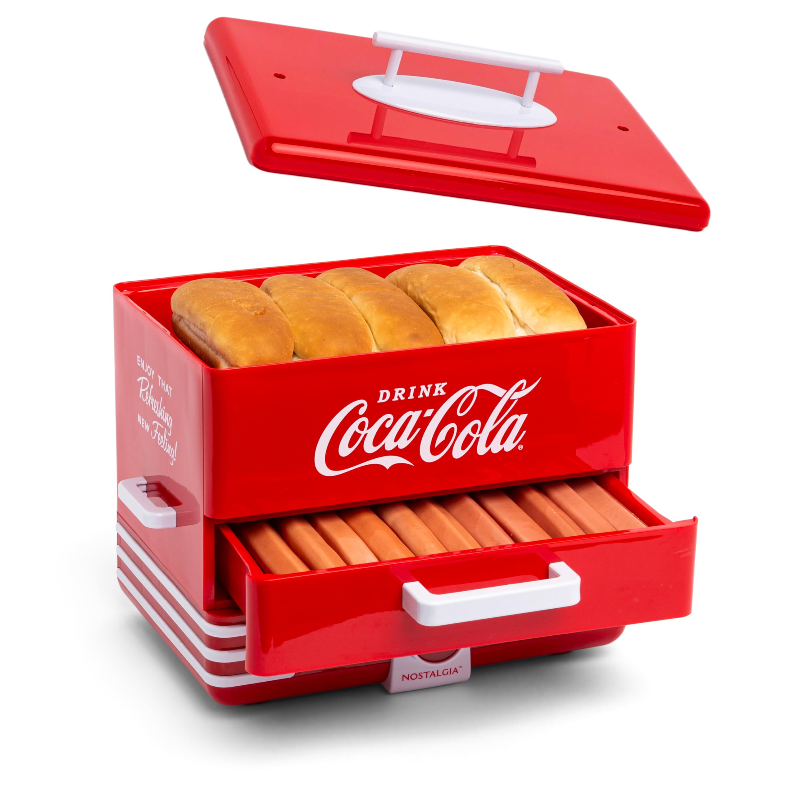Nostalgia Extra Large Diner-Style Coca-Cola Hot Dog Steamer And Bun Warmer, 24 Hot Dog And 12 Bun Capacity, Steam Bratwursts, Sa