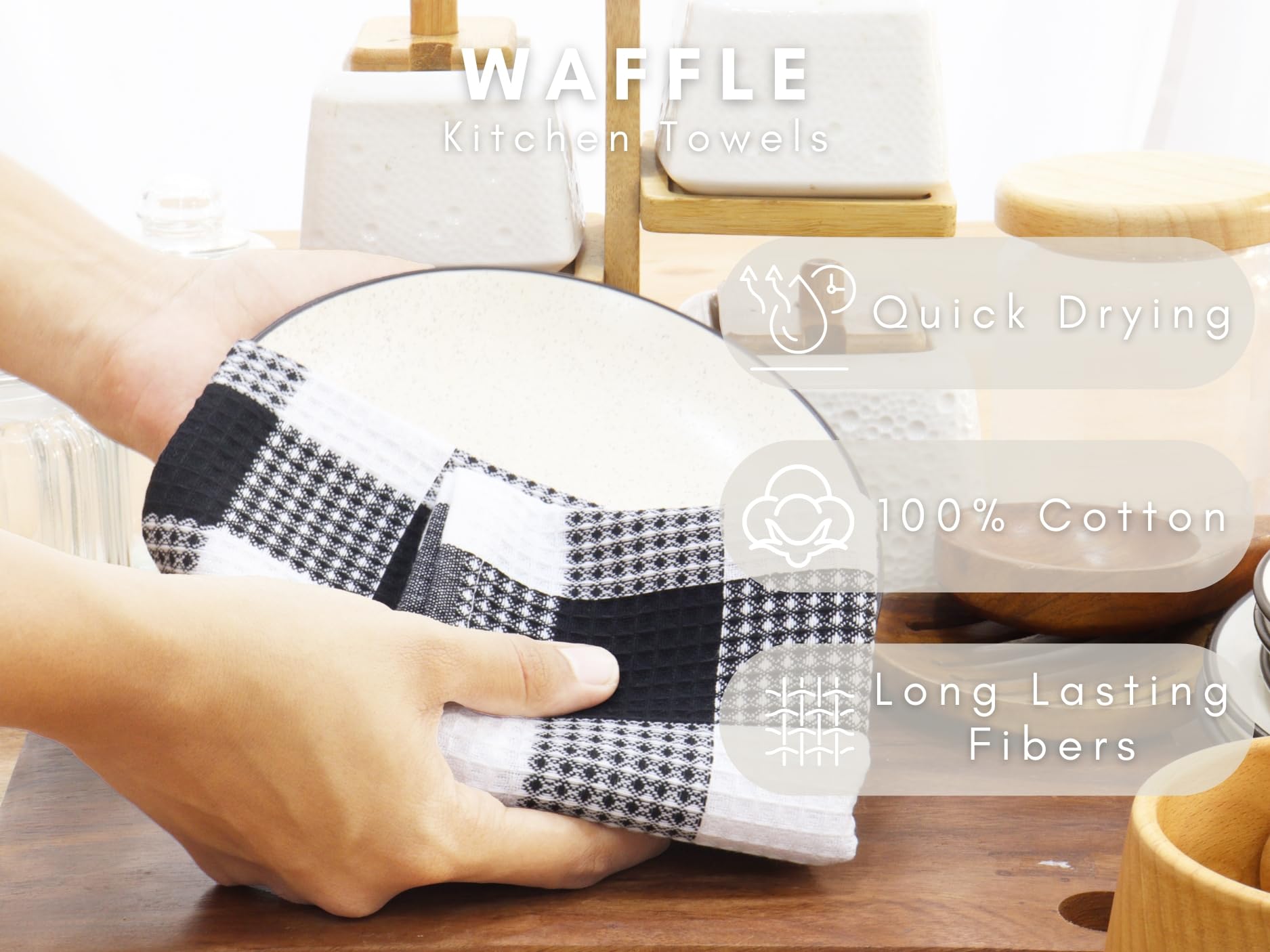 PurpleEssences 100% Cotton Waffle Weave Check Plaid Kitchen Towels, Super Soft and Absorbent Dish Towels for Drying Dishes 15 x