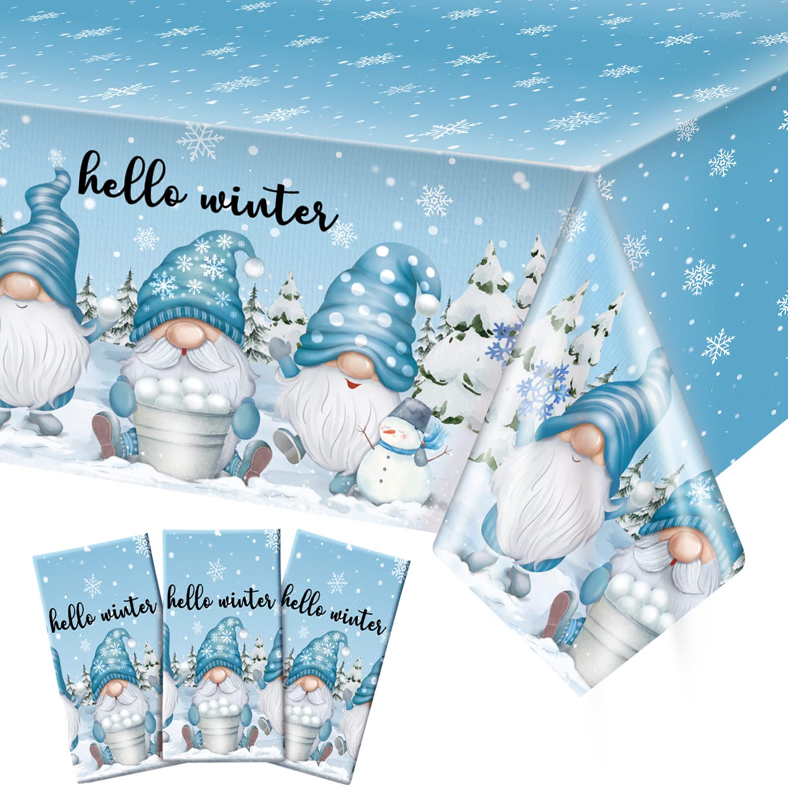 Frienda Winter Gnome Tablecloth Hello Winter Snowflake Holiday Table Cover Disposable Tablecloth Plastic Table Clothes for Chris