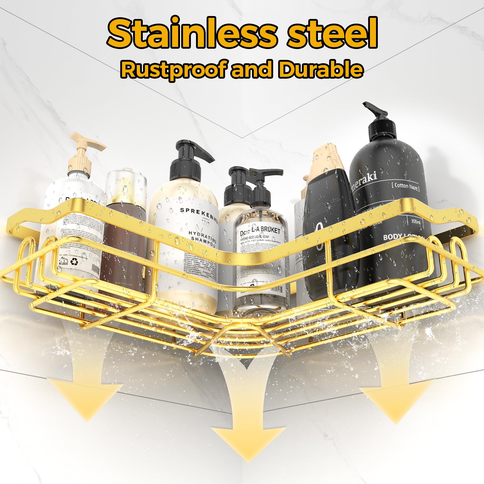 Bathroom Stars Gold Corner Adhesive Shower Caddy,Rustproof Stainless Steel Corner Shower Shelves For Bathroom Kitchen, No Drilli