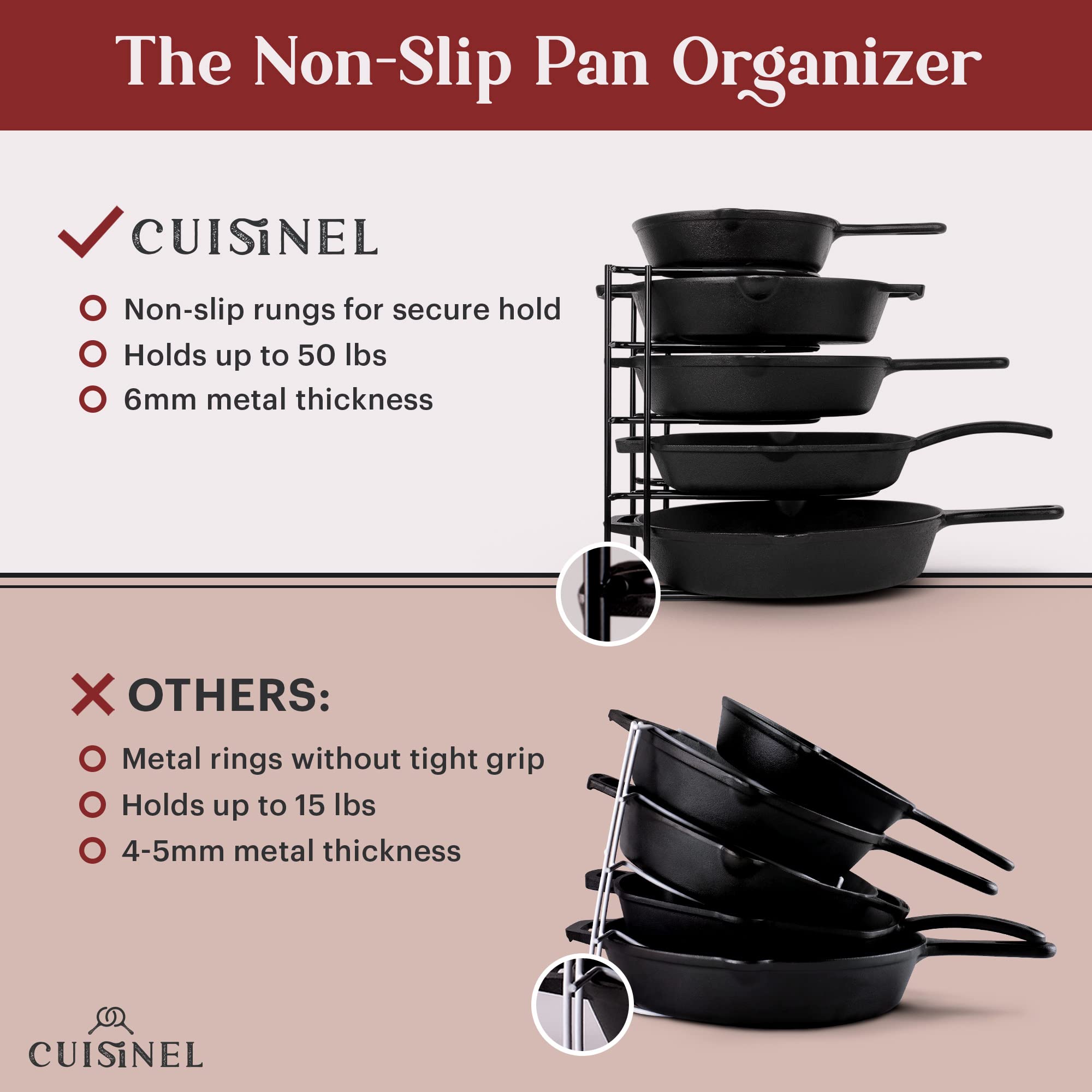 Pan Organizer - Silicone-Coated Non-Slip 12'' Heavy Duty Skillet Rack - Kitchen Counter/Cabinet Organization Storage - Holder Fo
