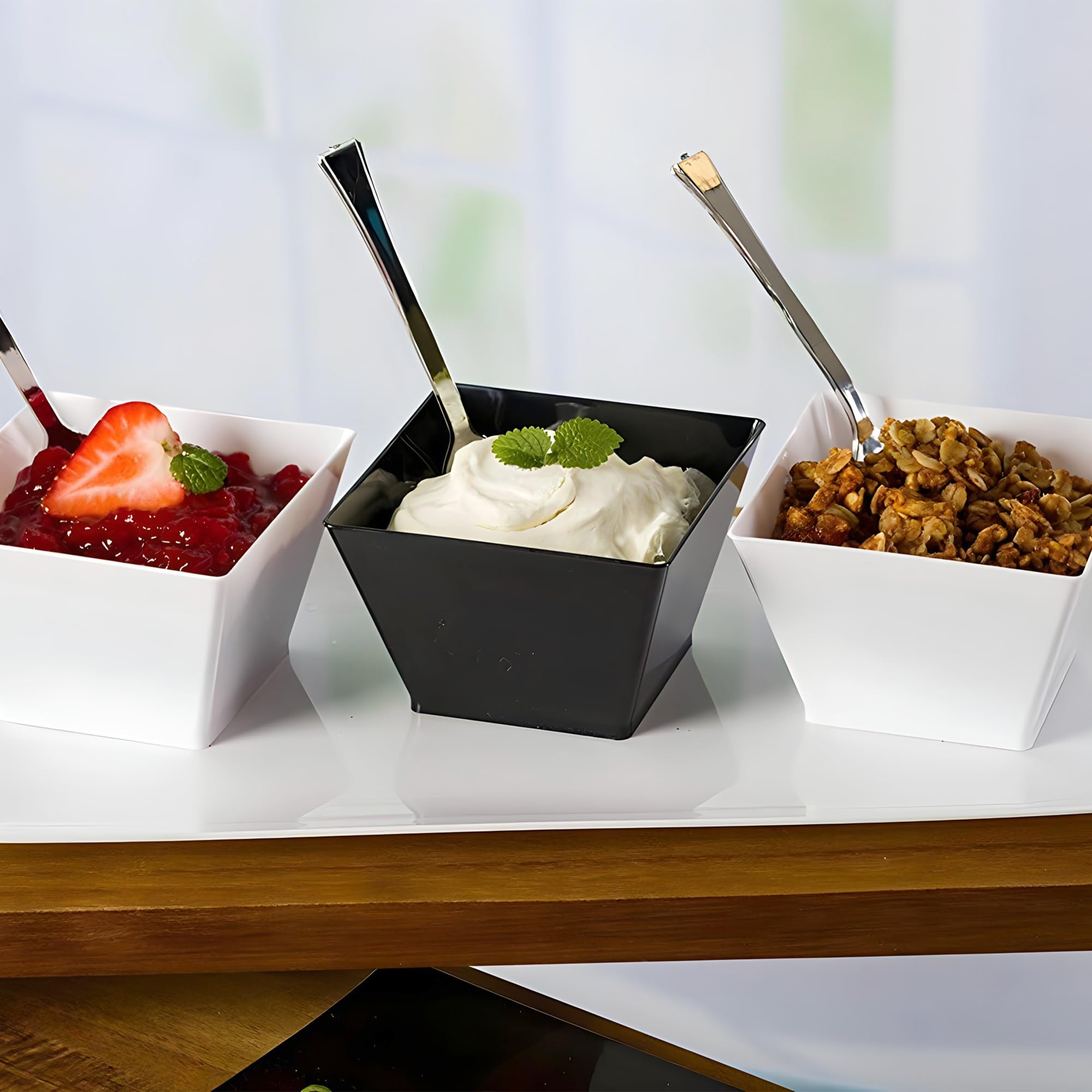 Lillian Tablesettings Plastic 8 oz  Black Rectangles Servingware  Pack of 20 Party Bowls  3.5 x 3.5 x 7.5 inches