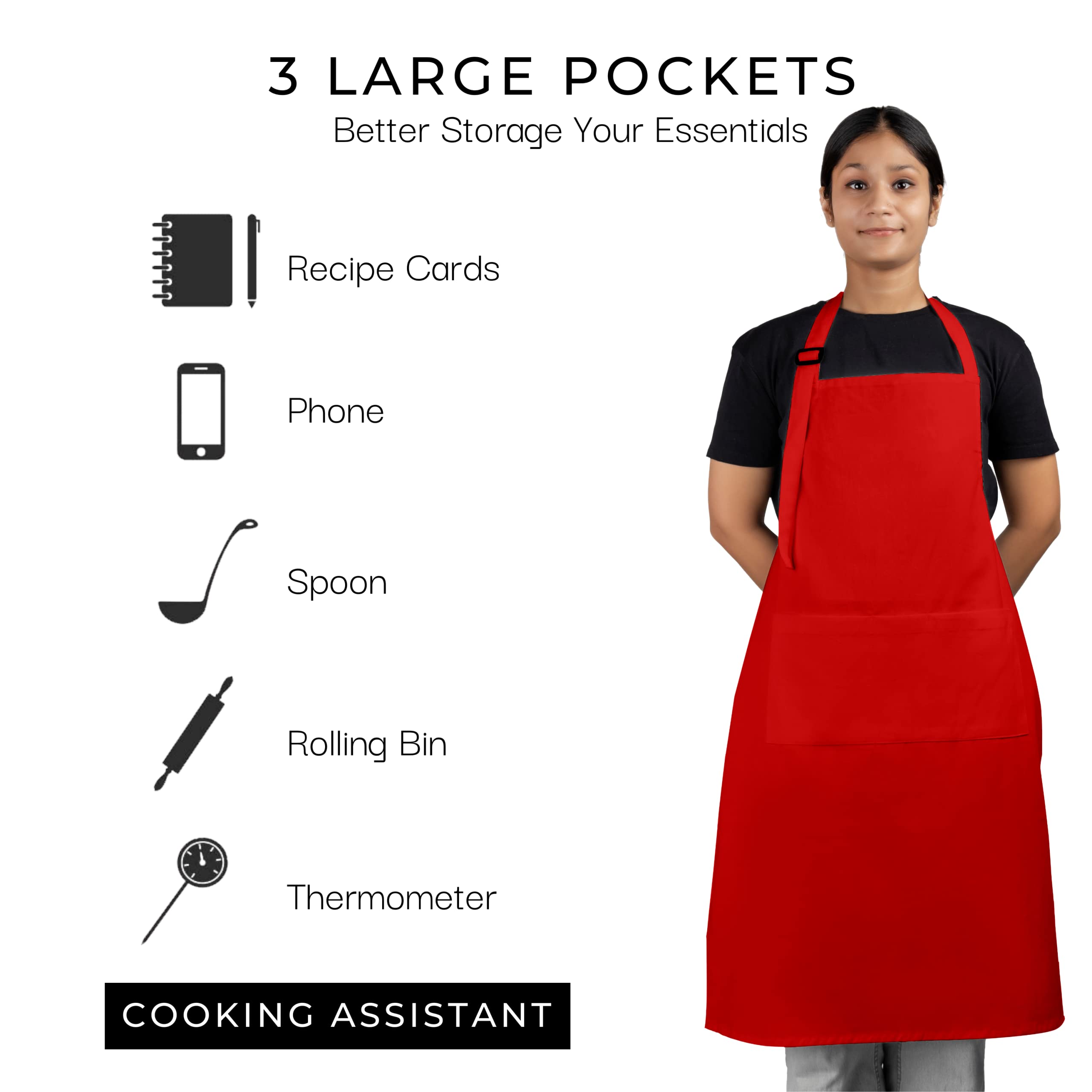 RAJRANG Chef Apron Women Men with Pockets Cotton Kitchen Cooking Full Aprons Red 35x27 Inches Pack of 5