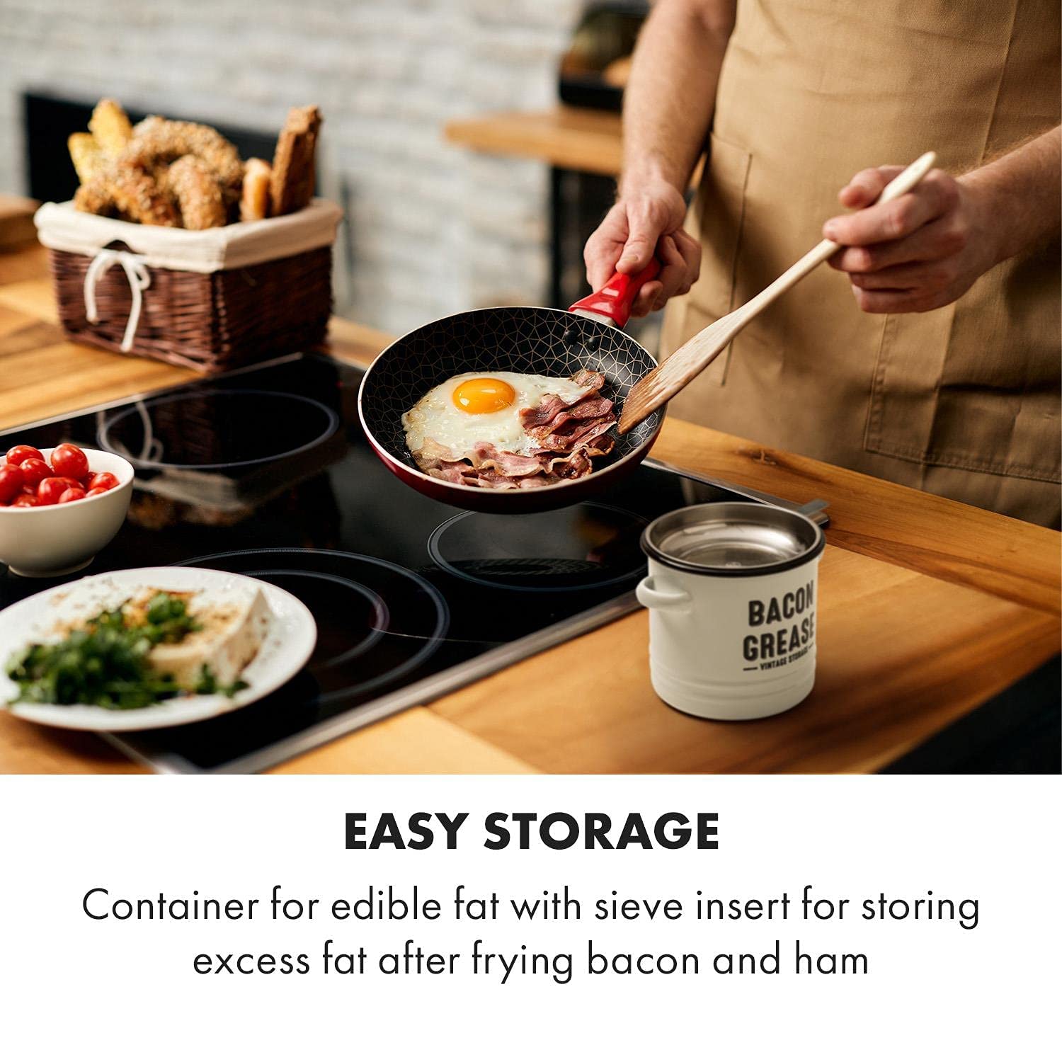 Granrosi Bacon Grease Container - 36OZ Stainless Steel with Strainer, Airtight Lid, White