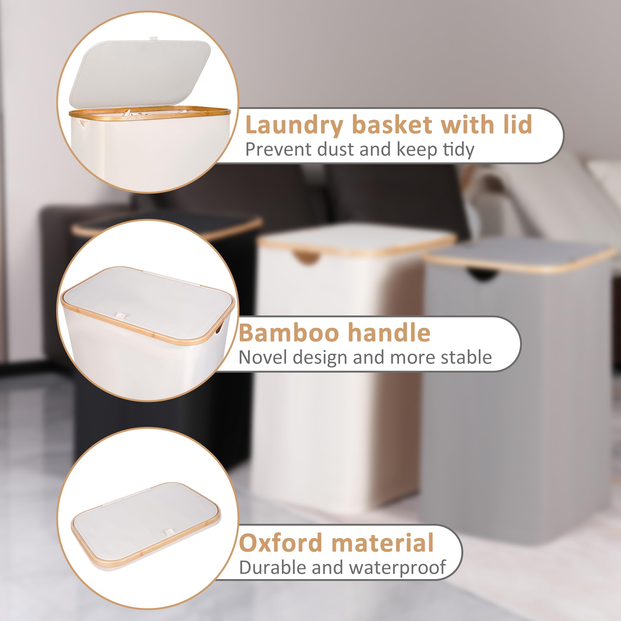 iEGrow 150L Laundry Basket with Lid  Large Laundry Hamper with Bamboo Handle  Collapsible Dirty Clothes Hamper Organizer with Removable Inner Bag for Clothes Toys Towels - Beige