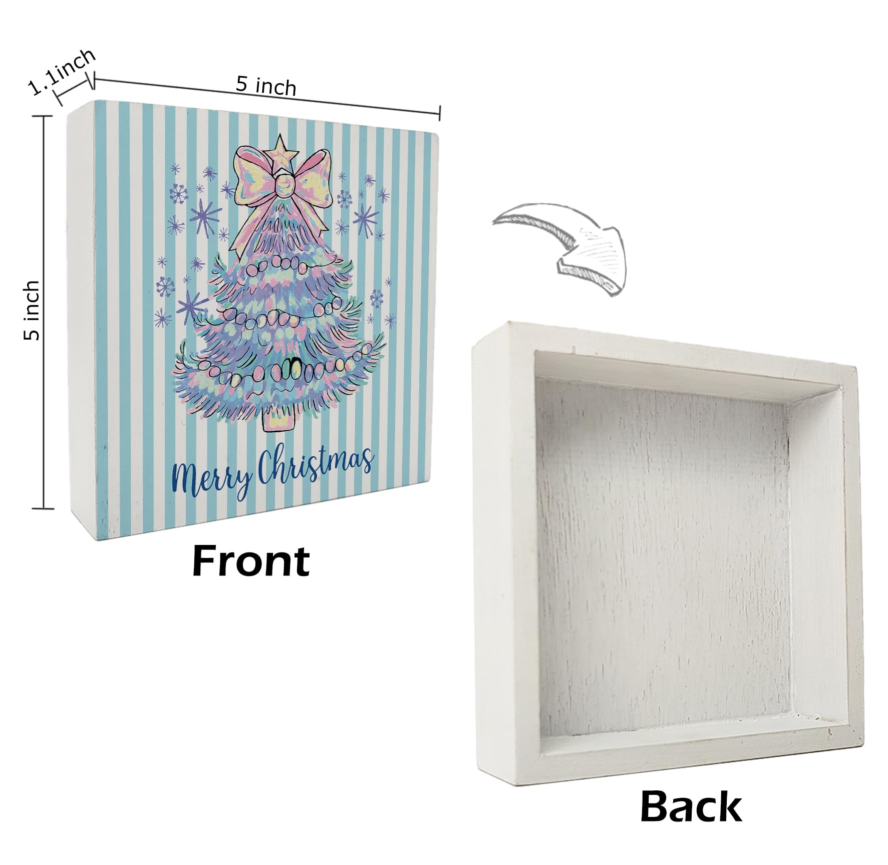 kunlisa Pastel Christmas Tree Wooden Sign, Preppy Christmas Desk Decor, Festive Colorful Xmas Tree Snowflake Striped Wood Box Si