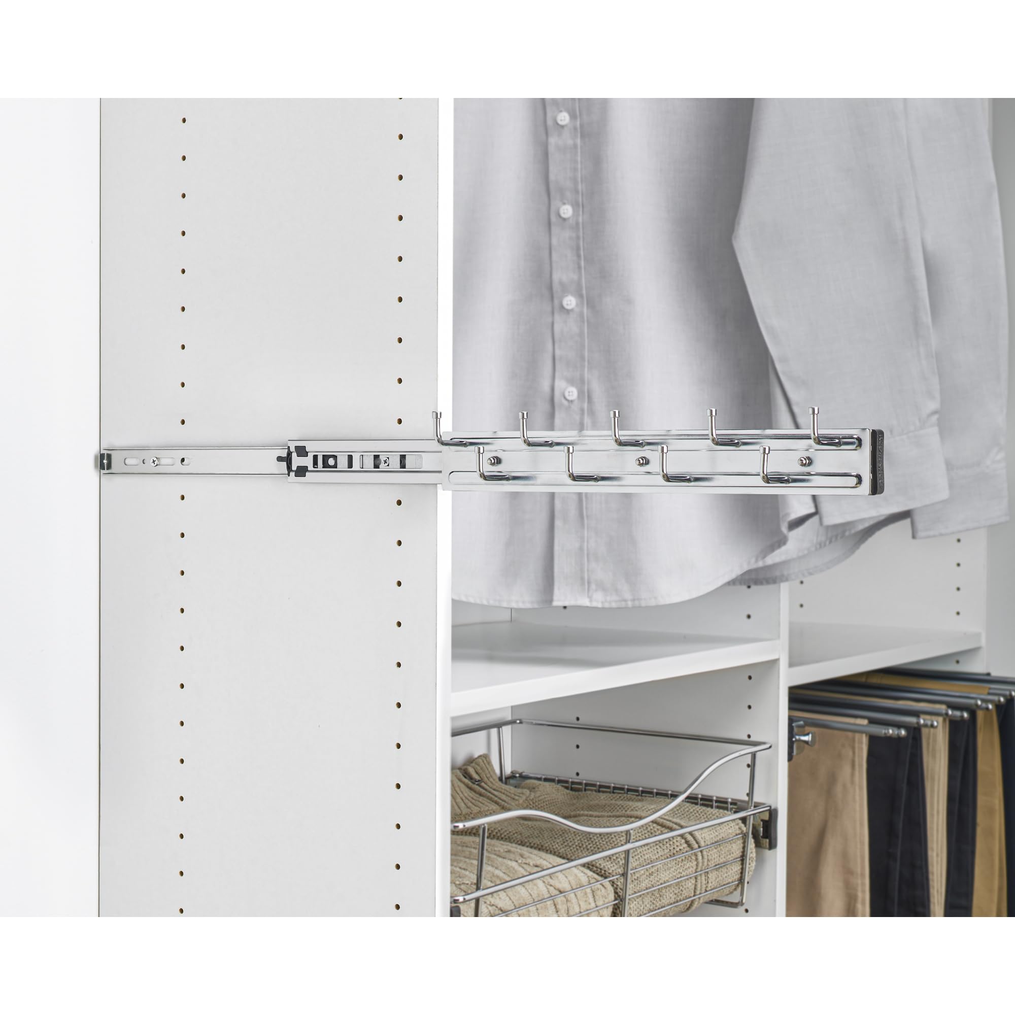 Rev-A-Shelf 14'' Pull Out Closet Organization Rack for Belts  Ties and Scarves  Accessories Storage Hanger with Mounting Hardware  Chrome  BRC-14CR