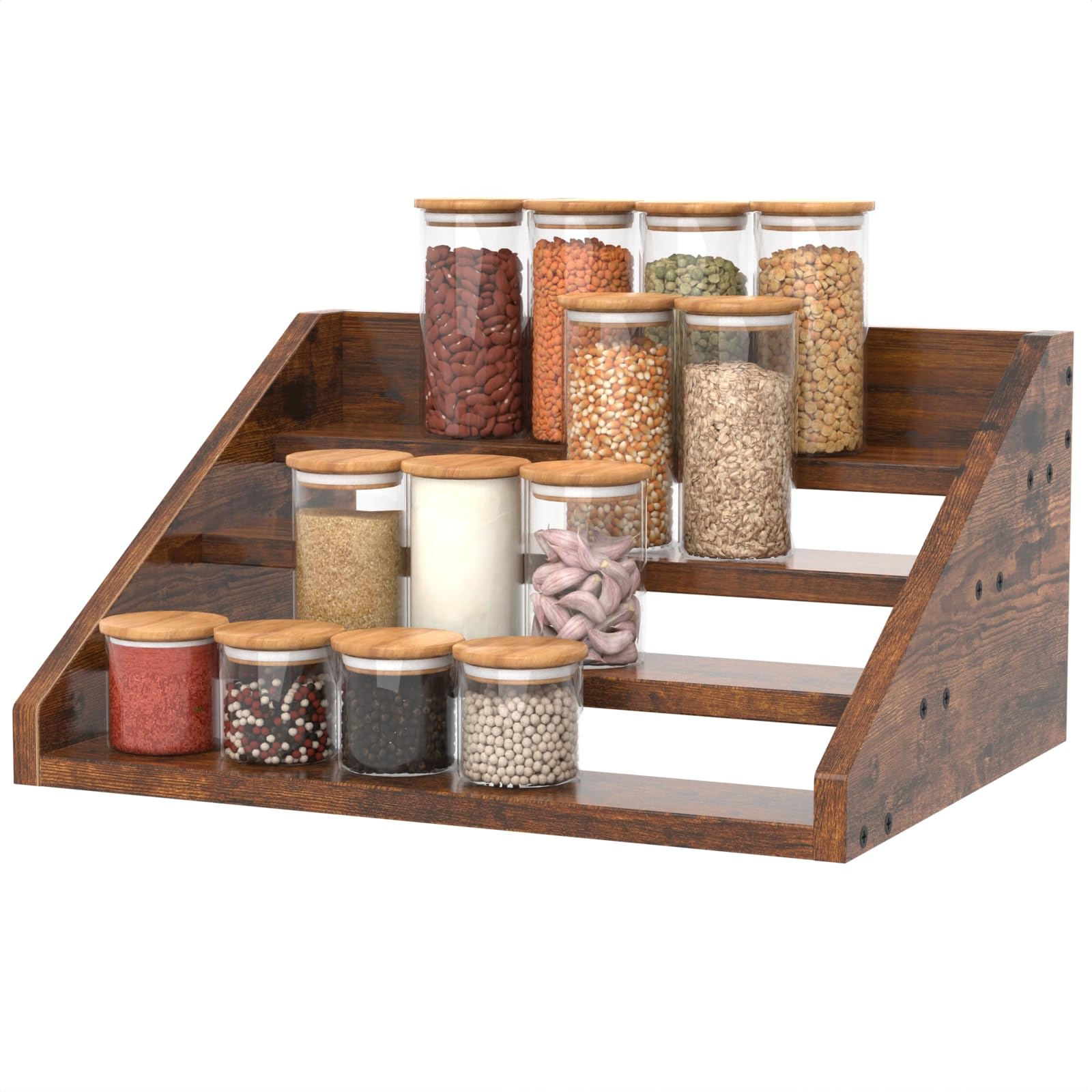 4 Step Spice Rack Organizer For Cabinet, Robust Wooden Display Riser Shelf Seasoning Organizer For Countertop Cupboard Pantry, C