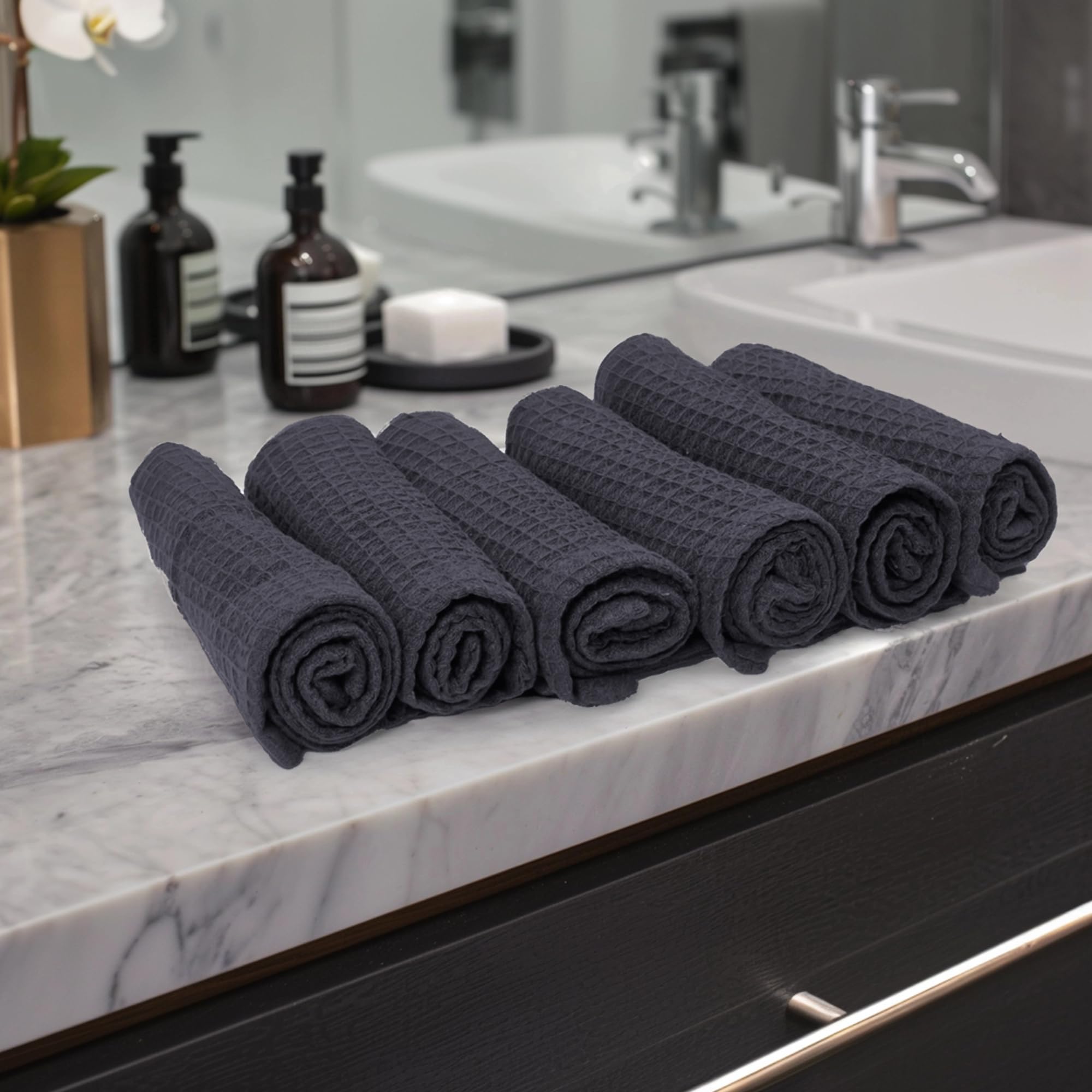 Encasa Xo Face And Hand Towels For Bath, Gym - 30X30 Cm | Grey | Set Of 6 - Quick Dry Waffle Weave Face Cloths - Reusable Dishcl