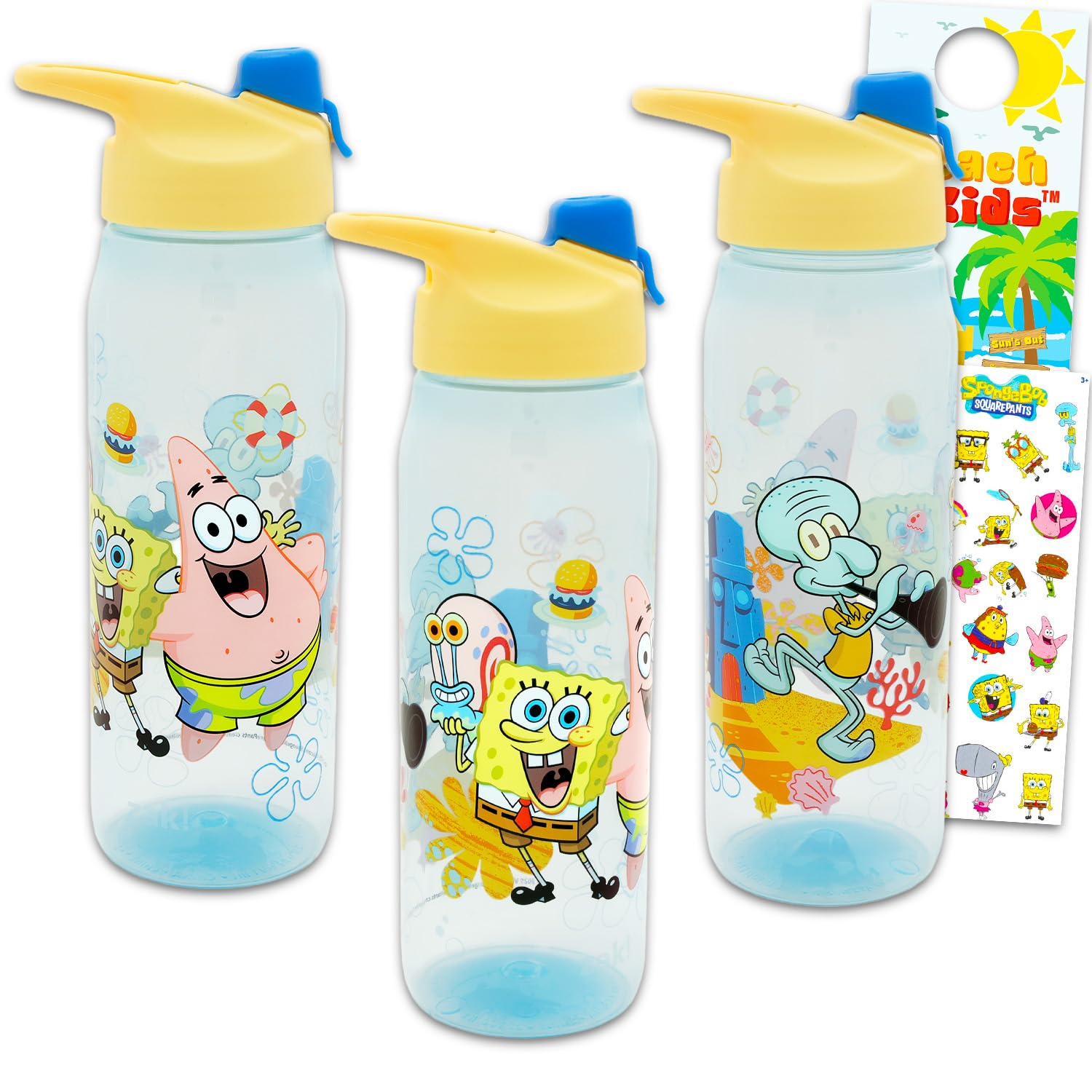 SPONGEBOB SQUAREPANTS Spongebob Water Bottles 3 Pack  Bundle with 3 Reusable Drink Cups for Home, School, Sports, Party Favors 