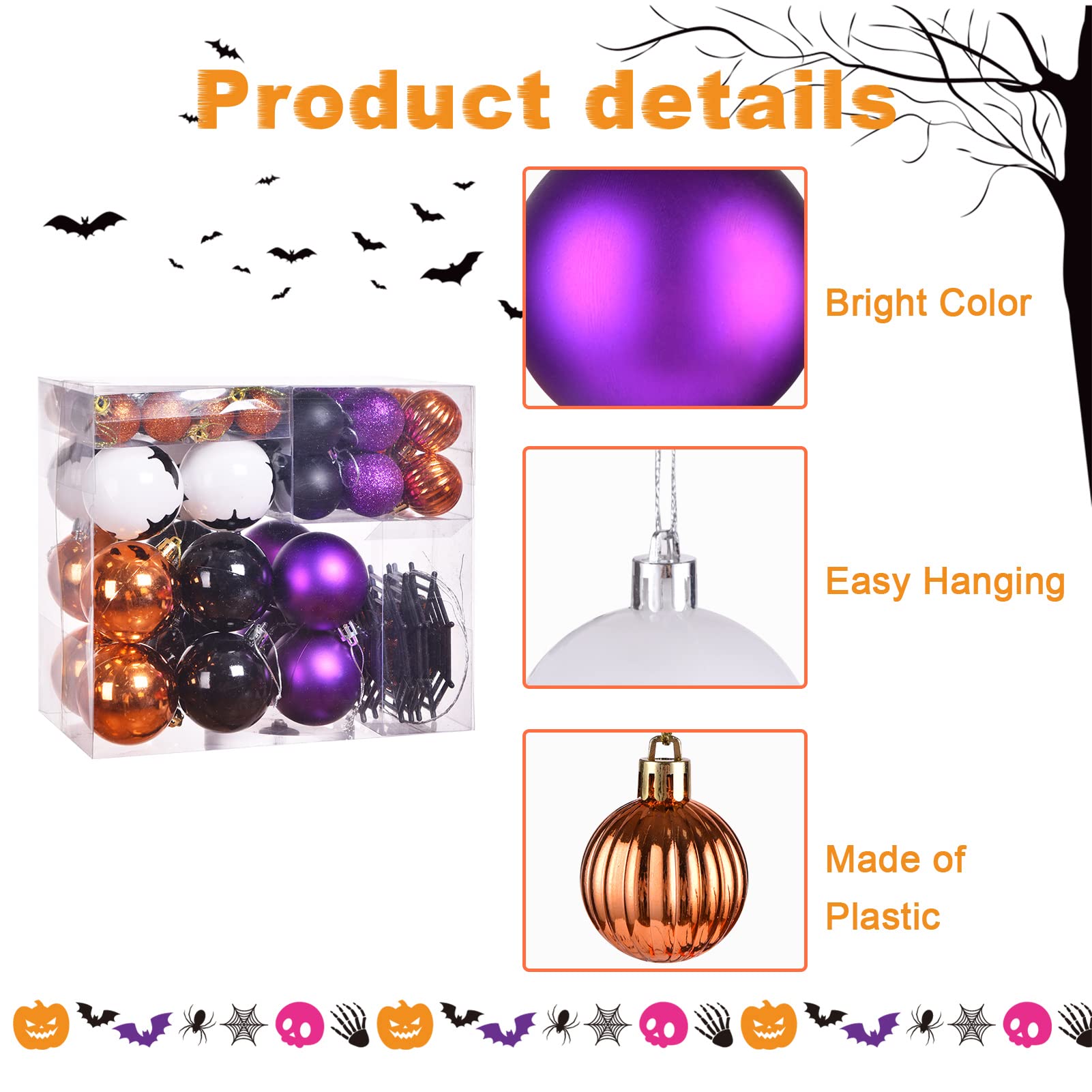 Pack of 56 Halloween Hanging Ball Ornaments, Shatterproof Balls Spider Bat Ornaments for Indoor Halloween Tree Decorations, Home