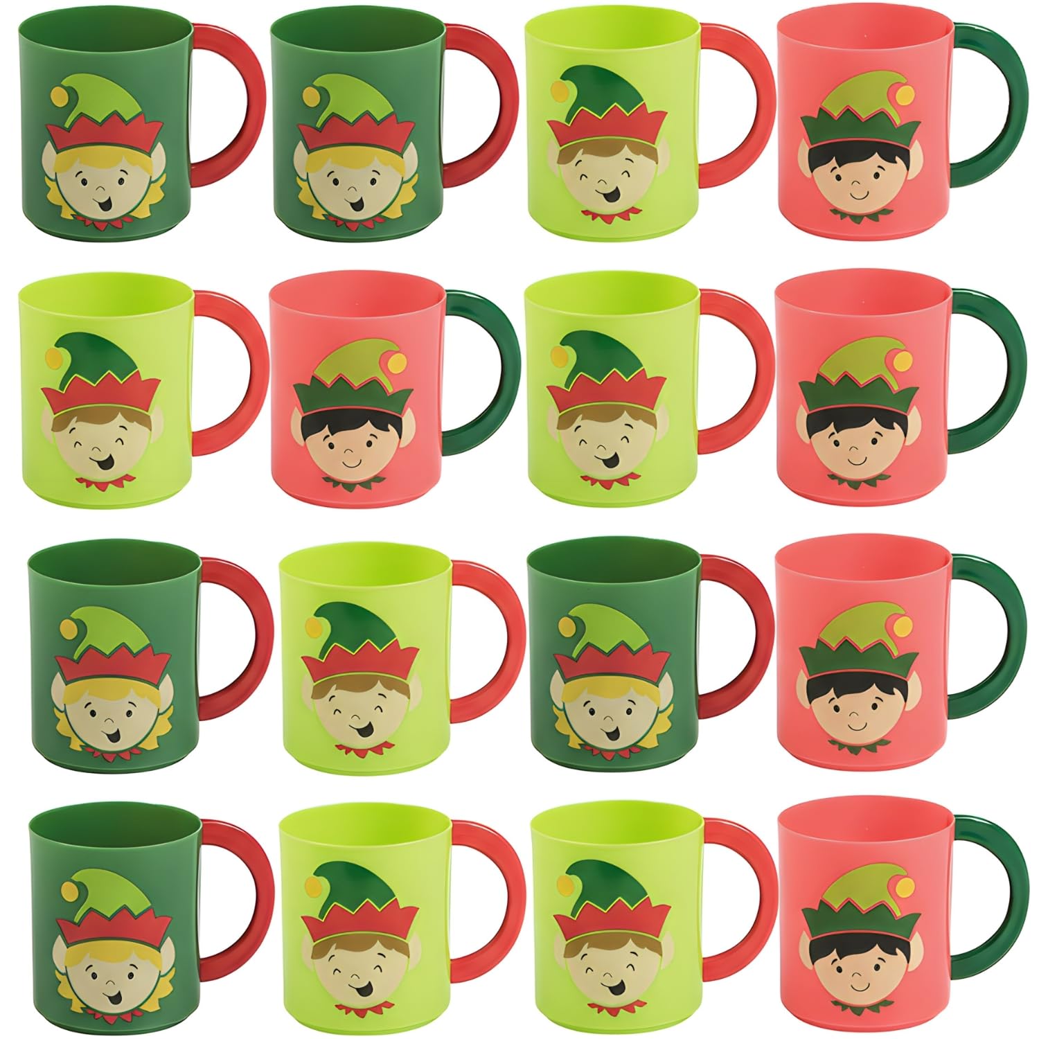 Fun Express 12 Pieces Plastic Elf Mugs With Handles, 8 oz, BPA Free Plastic, Christmas Party Supplies, Drinkware, MultiColor