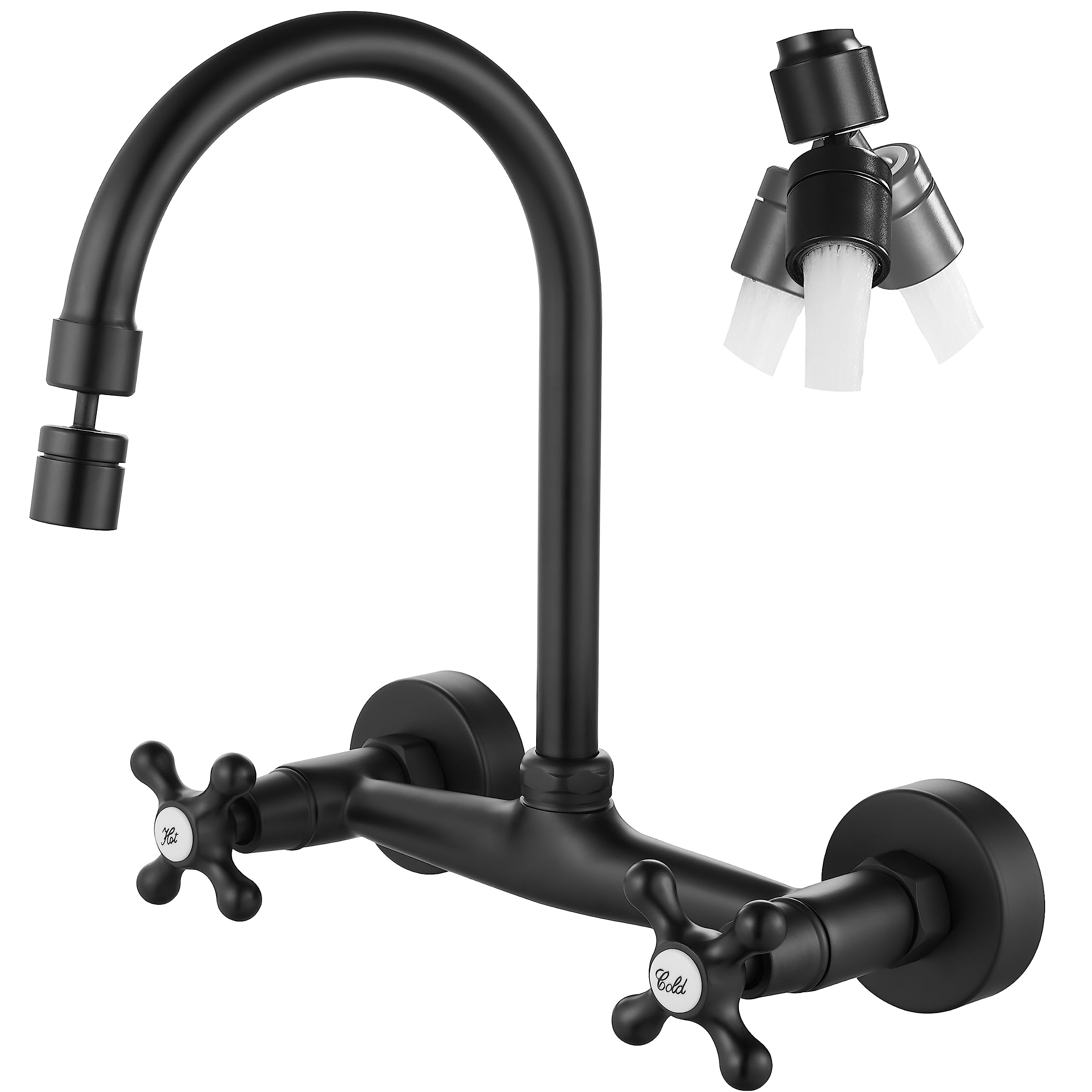 Airuida Wall Mount Kitchen Faucet Matte Black 8 Inch Center Wall Mount Faucet Kitchen With Sprayer Double Cross Handles 360 Degr