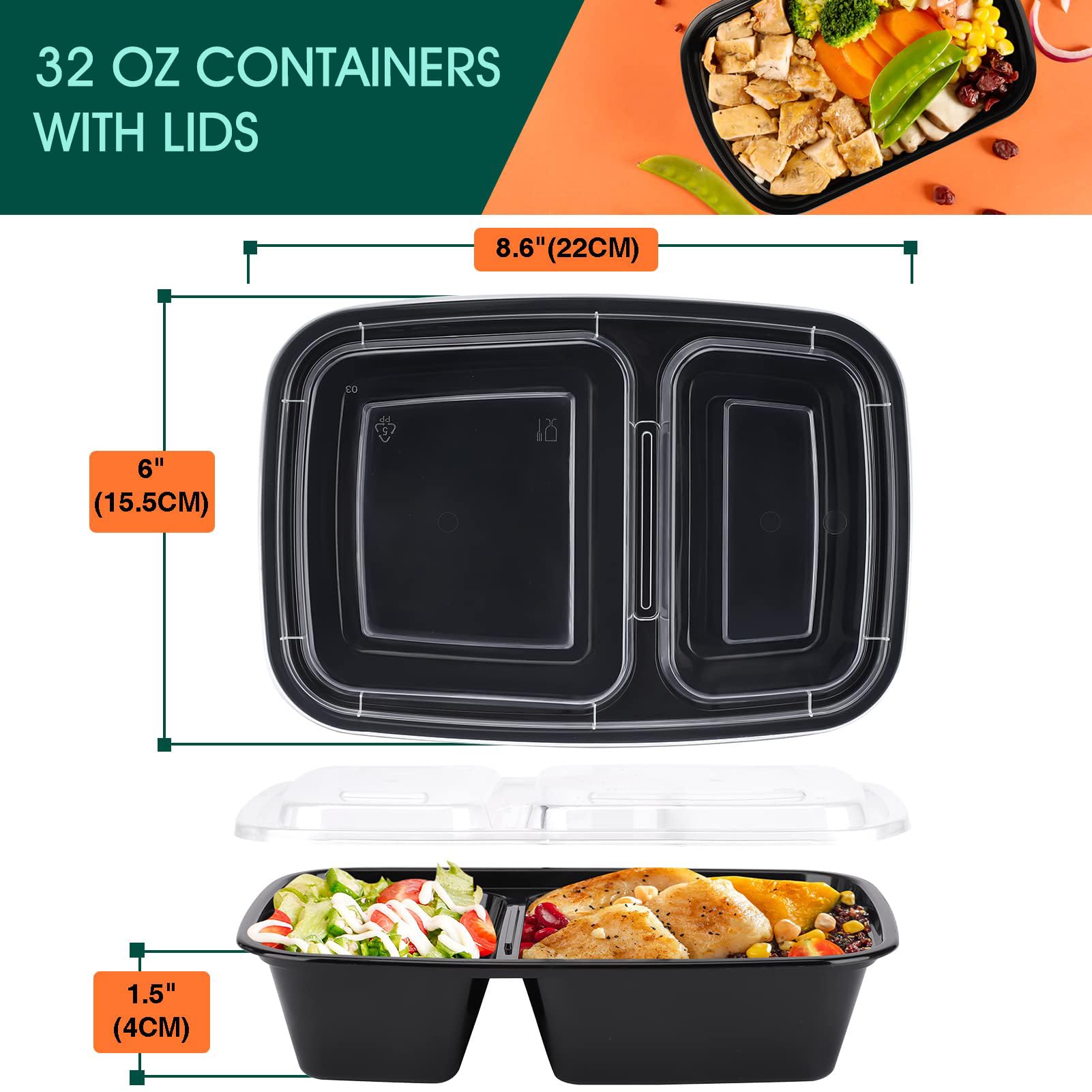 Glotoch 50 Pack 32 Oz Meal Prep Containers Reusable, 2 Compartment Food Containers With Lids To Go Containers, Lunch-Microwave,F