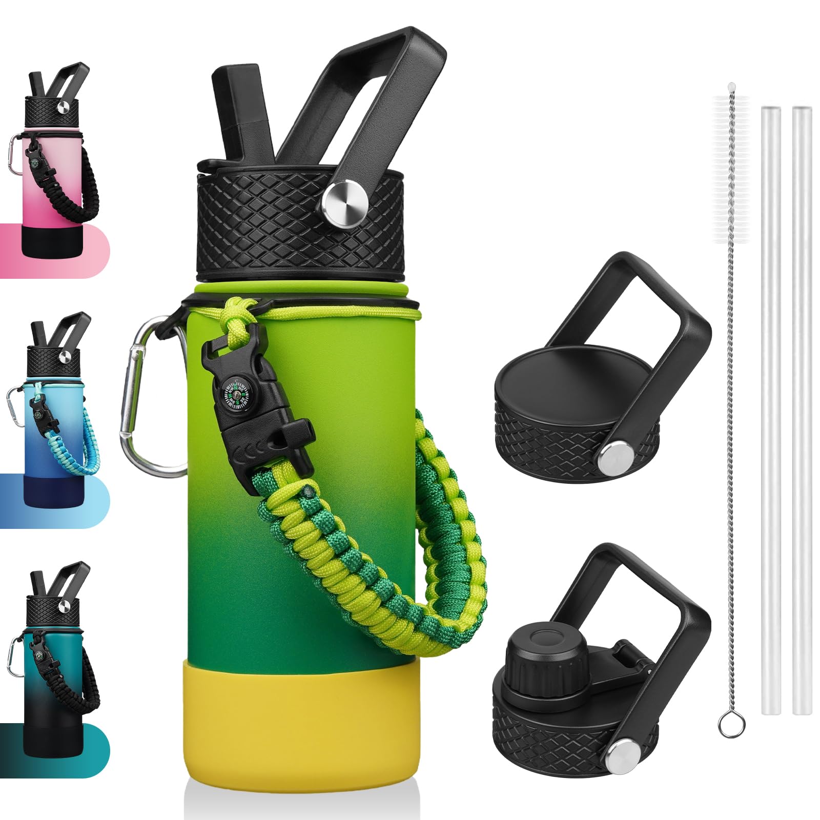 BJPKPK Water Bottle with Straw Lid, 18oz Insulated Water Bottles with 3 Lids, Paracord Handle & Non-slip Boot,Stainless Steel Me