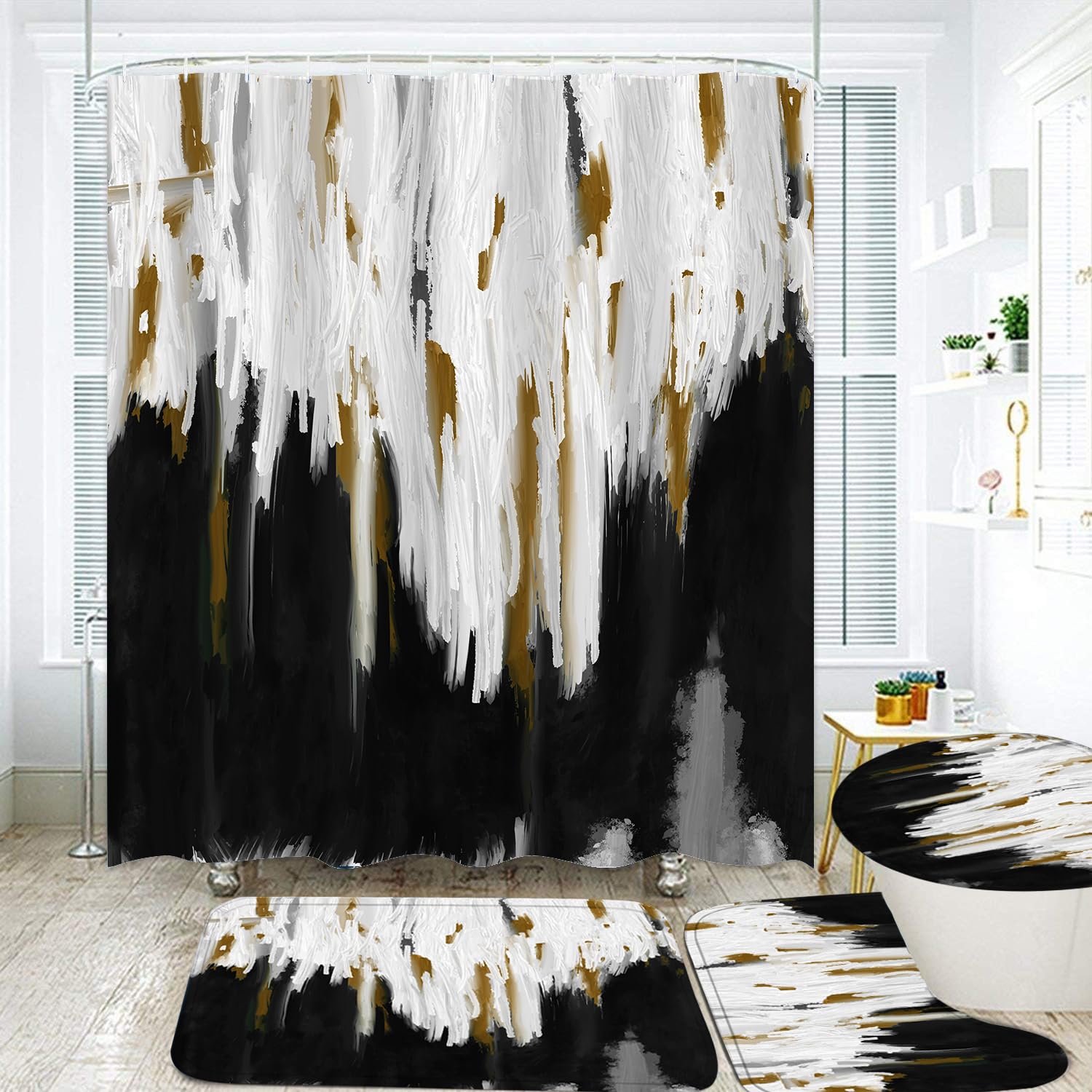 Apxpf 4 Pcs Black Bathroom Set Shower Curtain Set With Bathroom Mats Washable Bathroom Mat Set Shower Curtains For Bathroom Deco