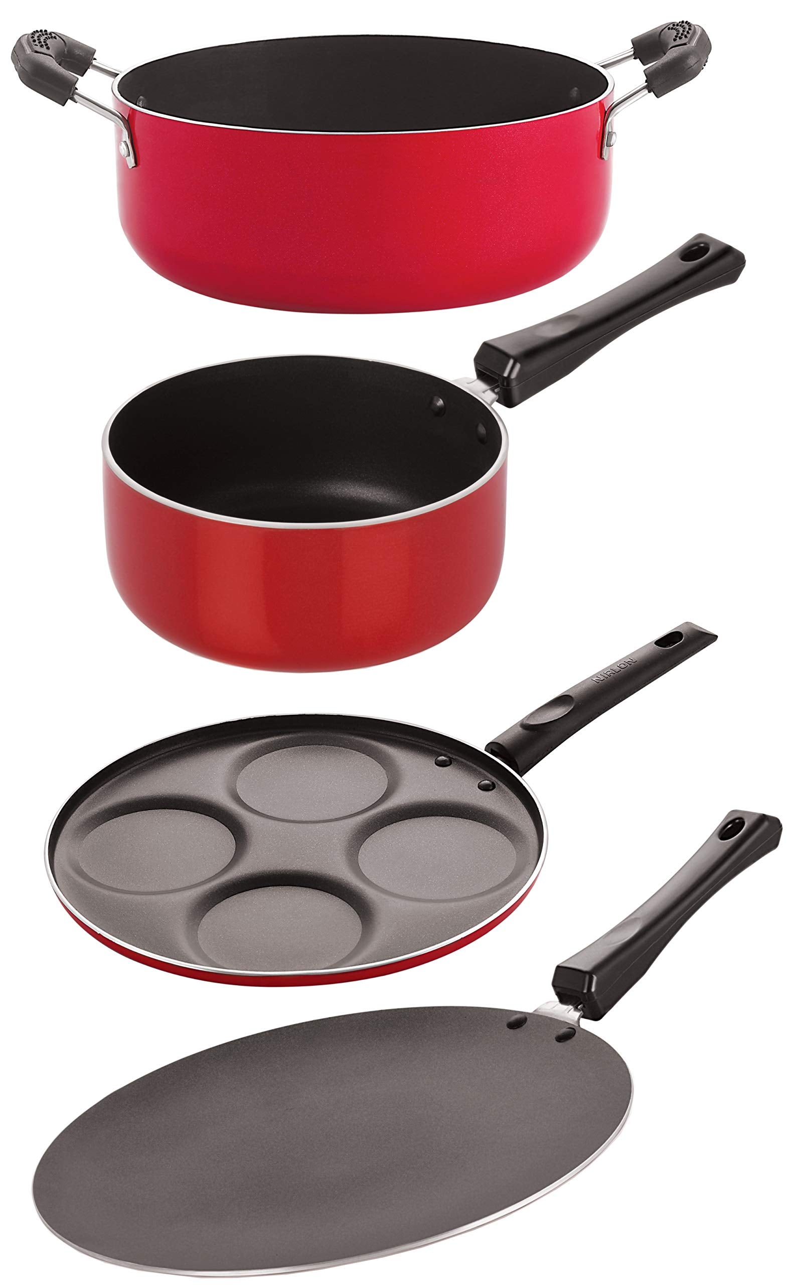 Nirlon Nonstick Cookware 4 Pieces Set Aluminum With Pfoa Free Scratch Resistant Coating, Dishwasher Safe (1 Concave Tawa 27.5Cm 
