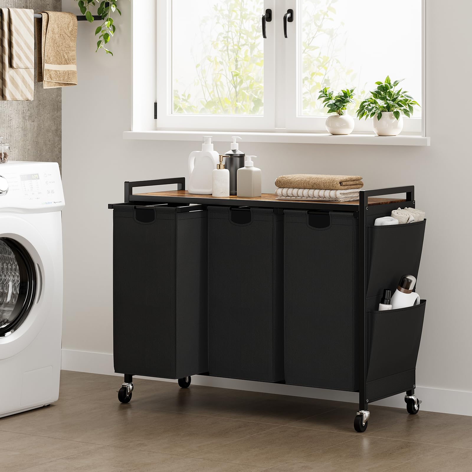 Wowlive Laundry Hamper With Lid 3 Section, Rolling Laundry Basket Organizer With Wheels, Iron-Made Laundry Sorter With Top Shelf