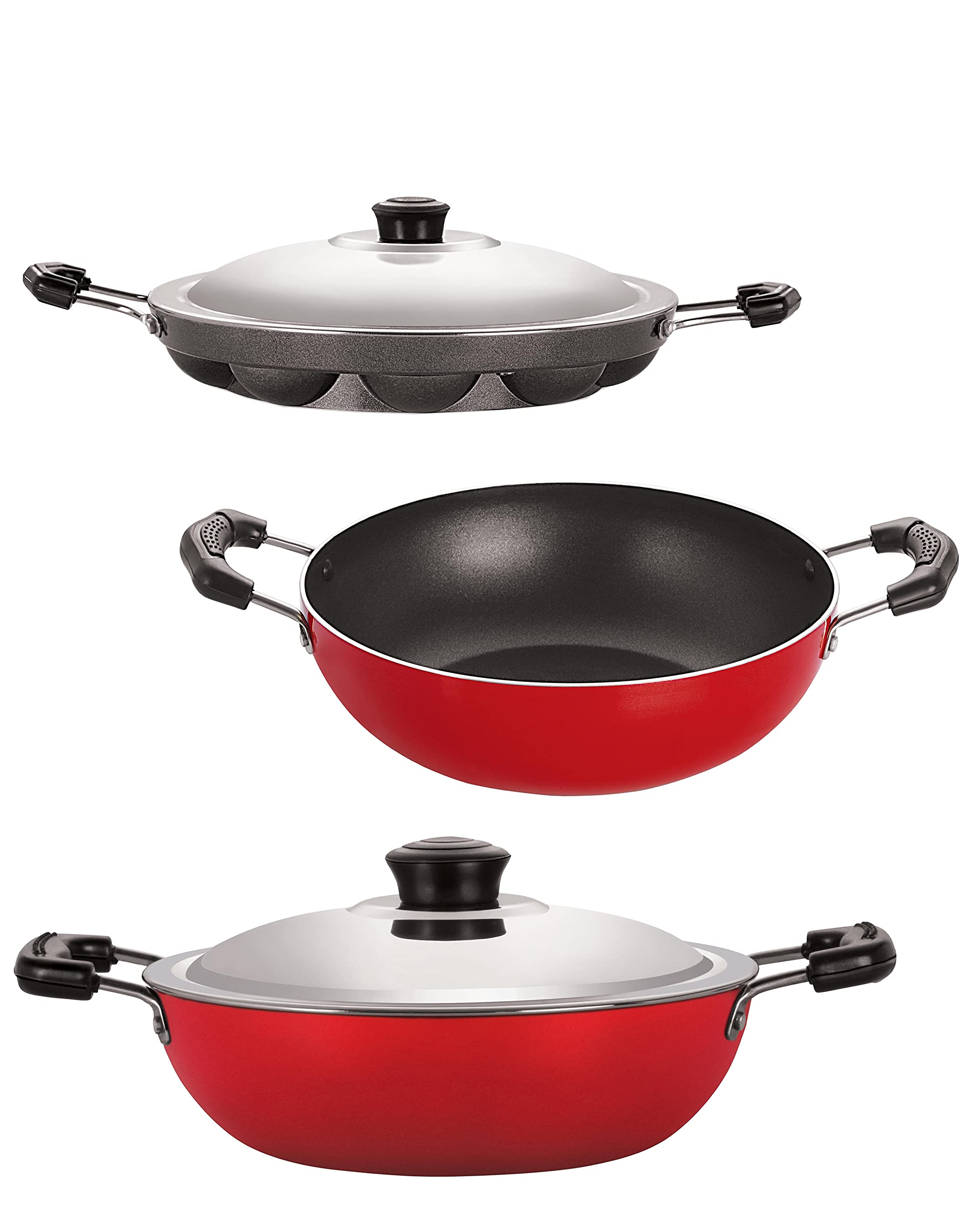 Deluxe NonStick Set Of Kitchenware Utensils Aluminium Red & Black Concave Tawa 28.5 Cm, Kadai 2 L, Sauce Pan Big 1.8 Ltr Best P