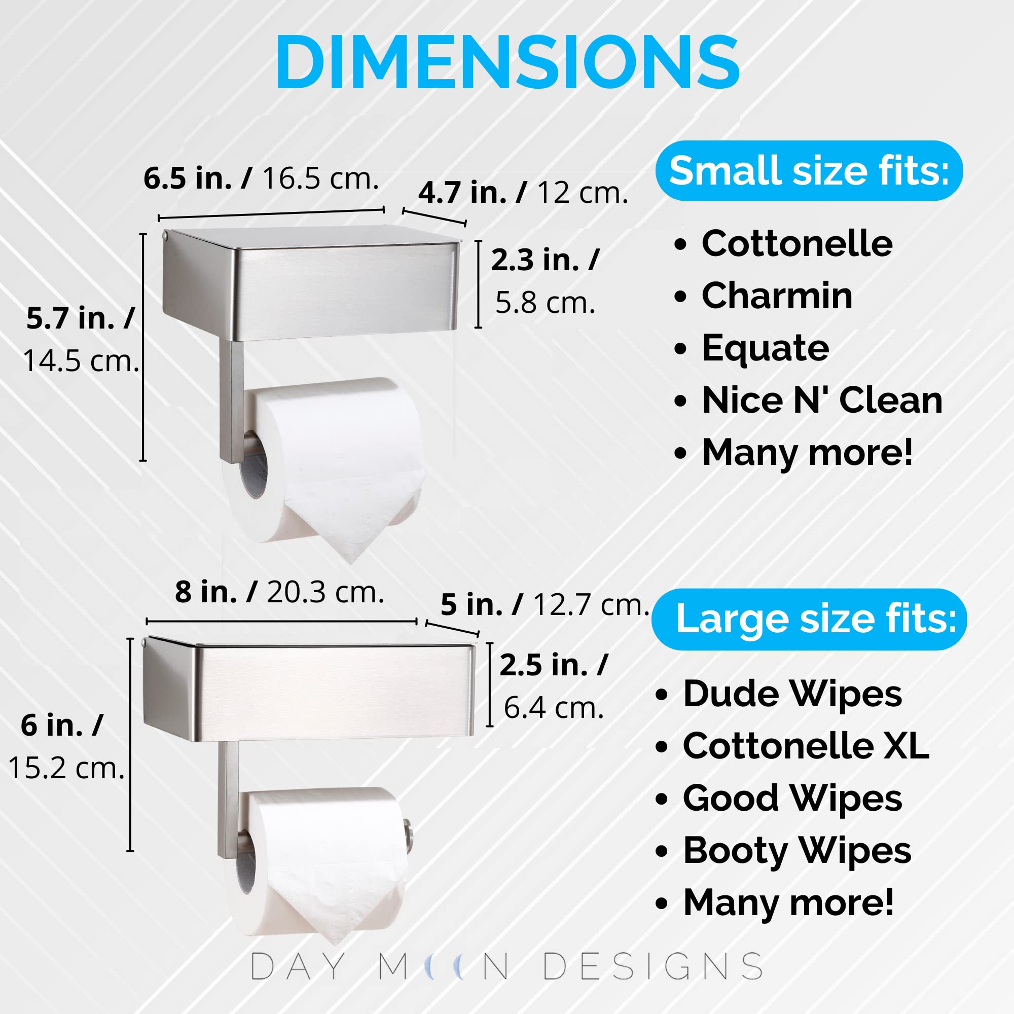 Day Moon Designs Toilet Paper Holder with Shelf  Flushable Wipes Dispenser & Storage Fits Any Bathroom  Keep Your Wet Wipes Hidden  Stainless Steel Wall Mount Bathroom Organizer  Brushed Nickel  Large