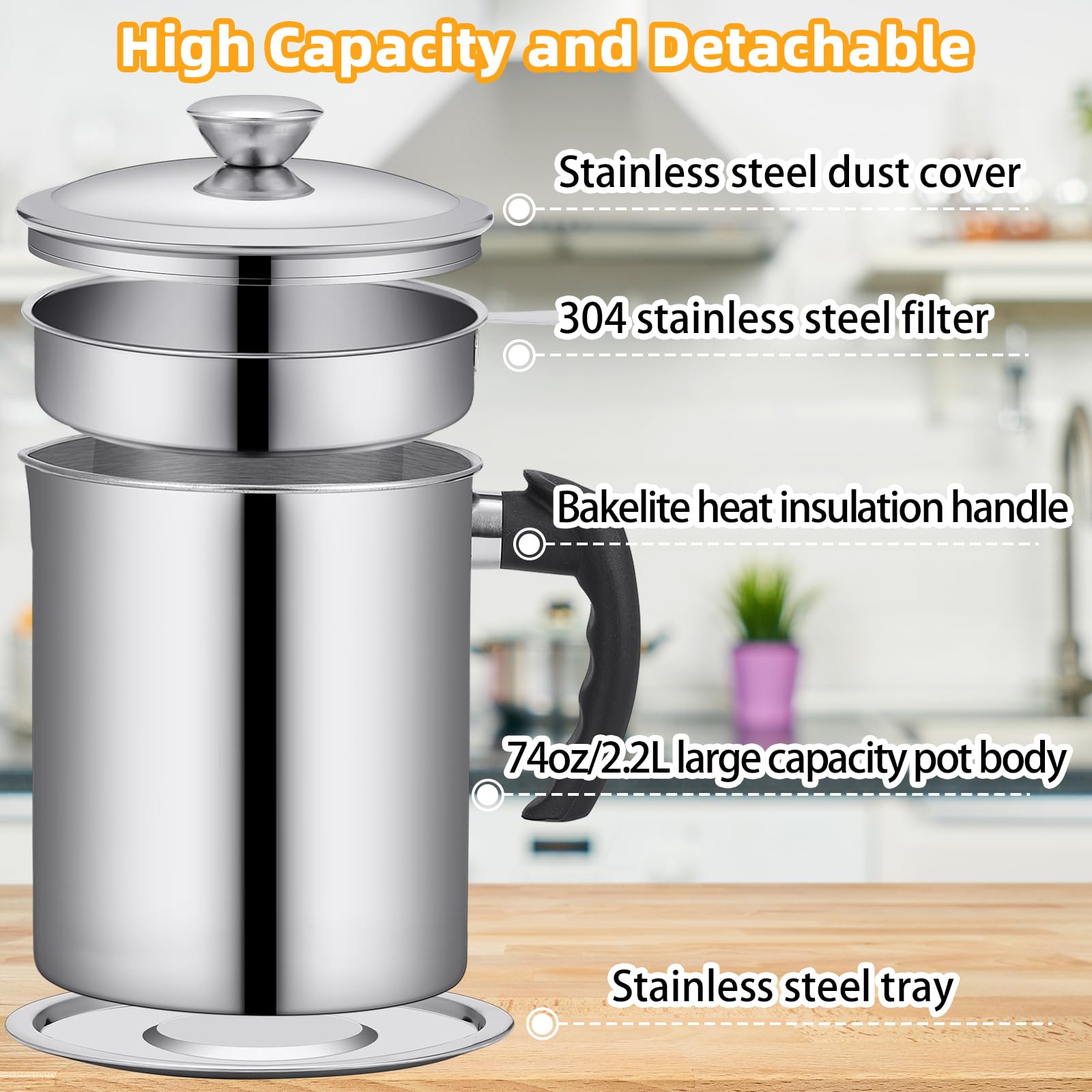 Kaemi 2.2L / 74Oz Bacon Grease Container With Strainer, Bacon Grease Keeper,Oil Storage Container For Kitchen,Filtered Oil Jug W
