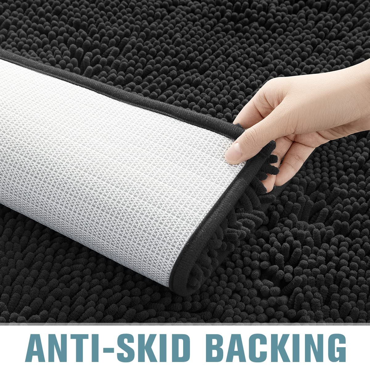 SONORO KATE Bathroom Rug Non-Slip Bath Mat Soft Cozy Shaggy Thick Bath Rugs for Bathroom Plush Rugs for Bathtubs Water Absorbent Rain Showers and Under The Sink (Black  17'' x 47'' Plus 17'' x 24'')