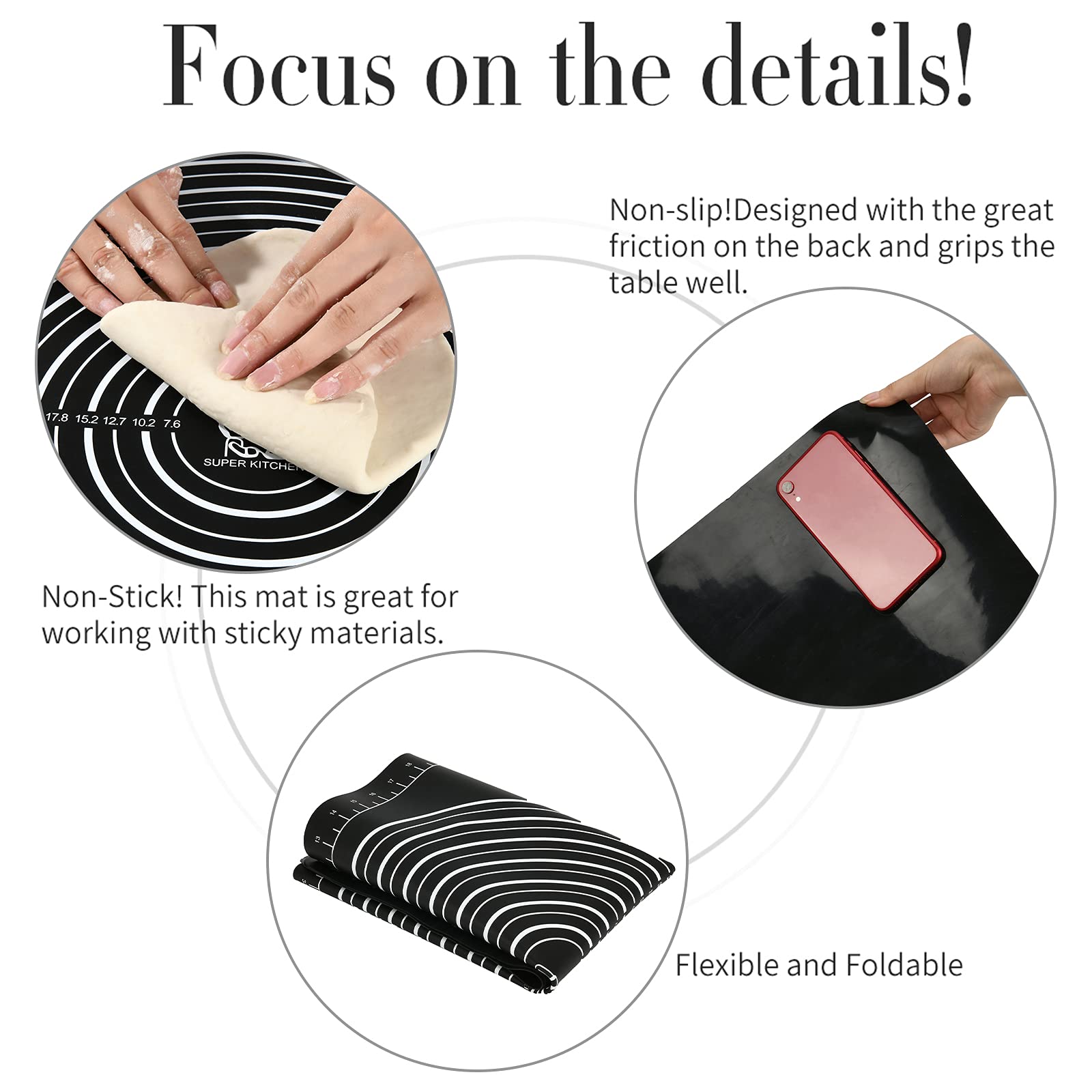 Folksy Super Kitchen Non-slip Silicone Pastry Mat 28"x20" for Baking, Black