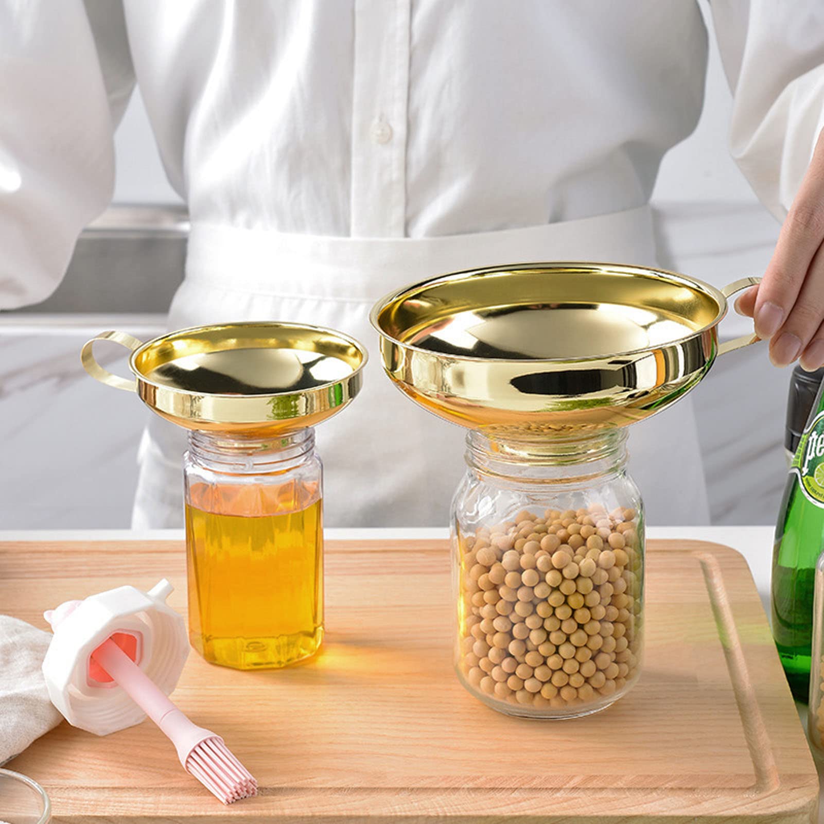 Stainless Steel Funnel Set, 5 Pieces Gold Stainless Steel Funnel Set With A Side Handle Kitchen Oil Liquid Metal Funnel Set For