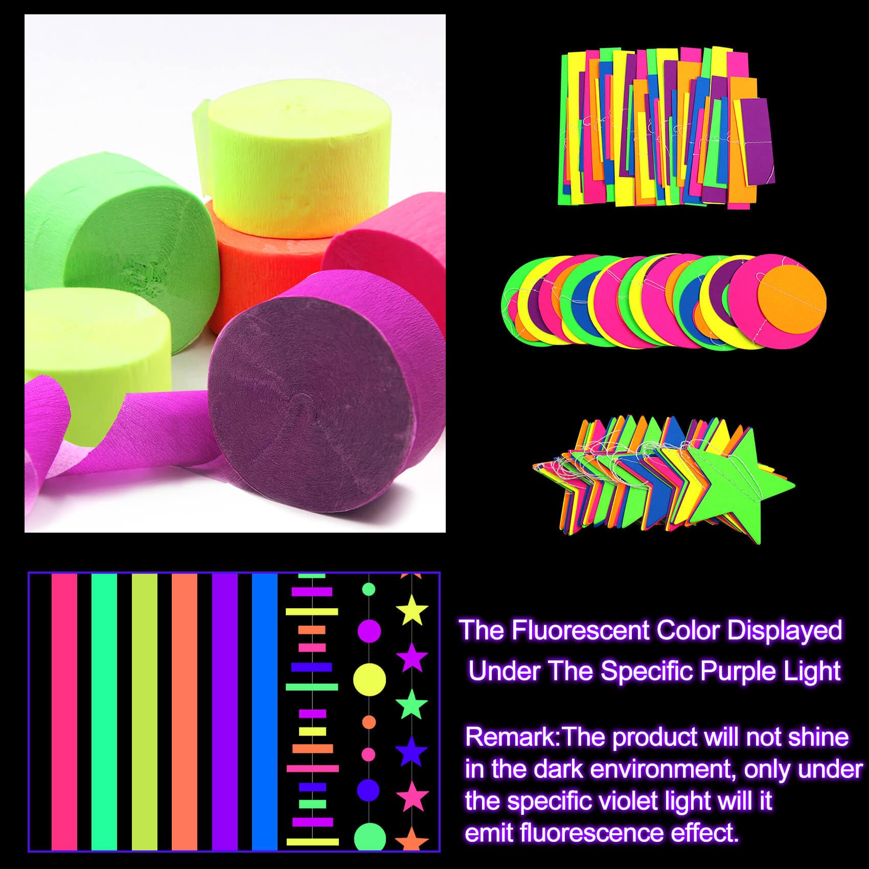 108feet UV Neon Paper Star Garland Glow in The Dark Streamers for neon Party Supplies UV Fluorescent Reactive Paper Star Banner