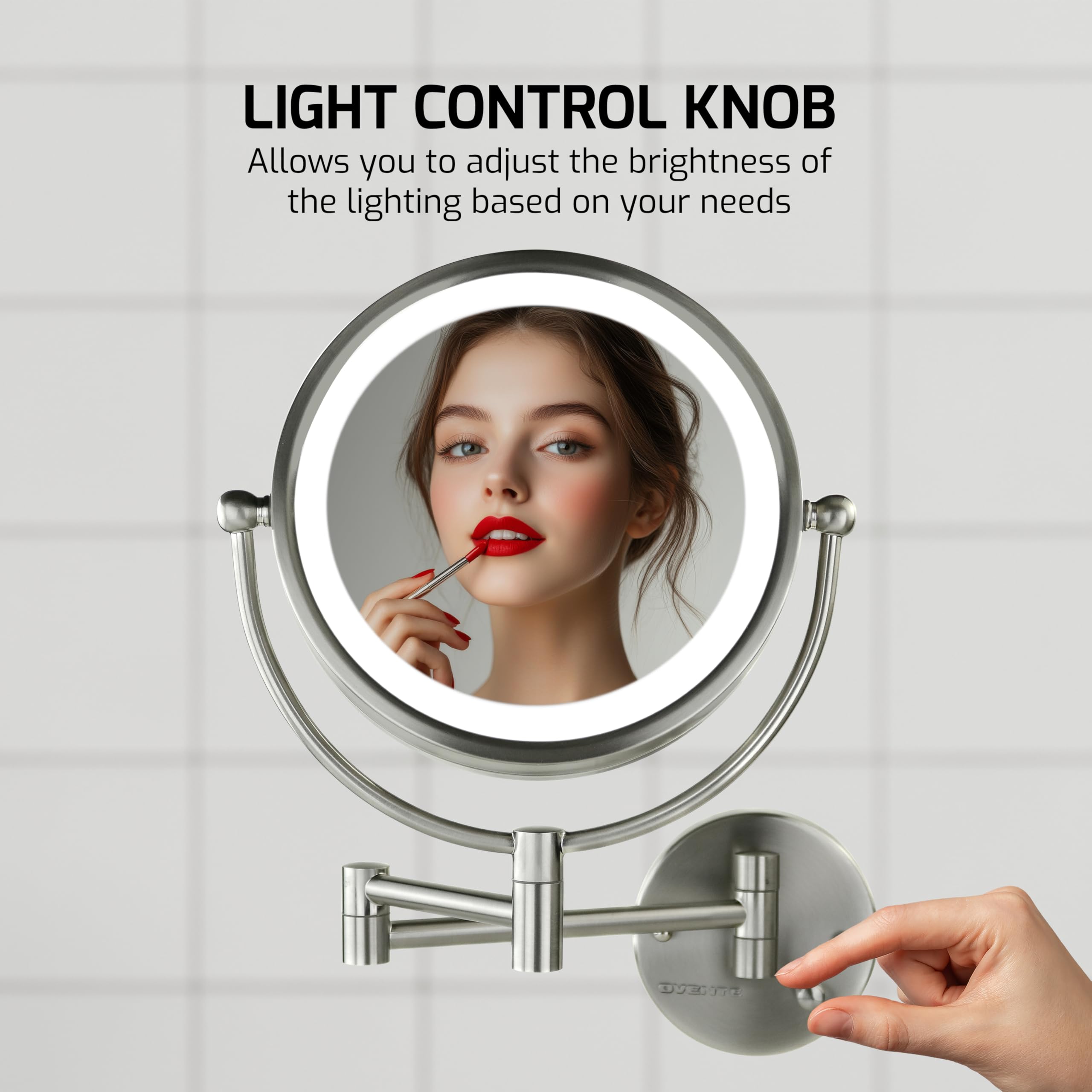 OVENTE 8.5'' Hardwired Lighted Wall Mount Makeup Mirror  1X & 7X Magnifier  Spinning Double Sided Round White LED  Dimmer Switch  Extend & Fold  Retractable Arm  Nickel Brushed MPWD3185BR1X7X