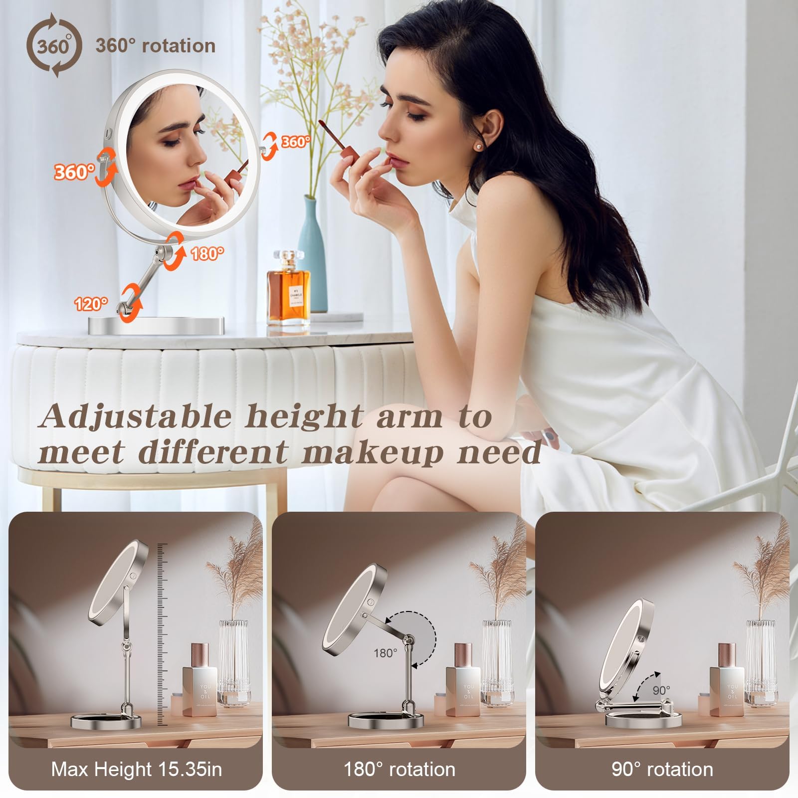 9 Large Lighted Makeup Mirror With 1X/10X Magnification, 4000Mah Rechargeable Vanity Mirror With Height Adjustable & 3 Color Dim