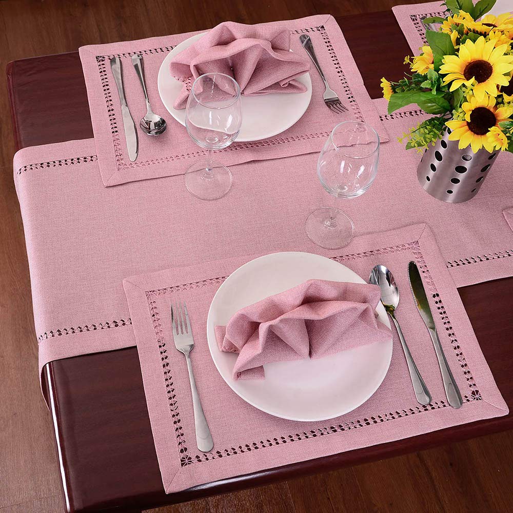 Grelucgo Handcrafted Solid Color Dining Table Runner, Dresser Scarf, Double-Hemstitched (Pink, 14 X 60)