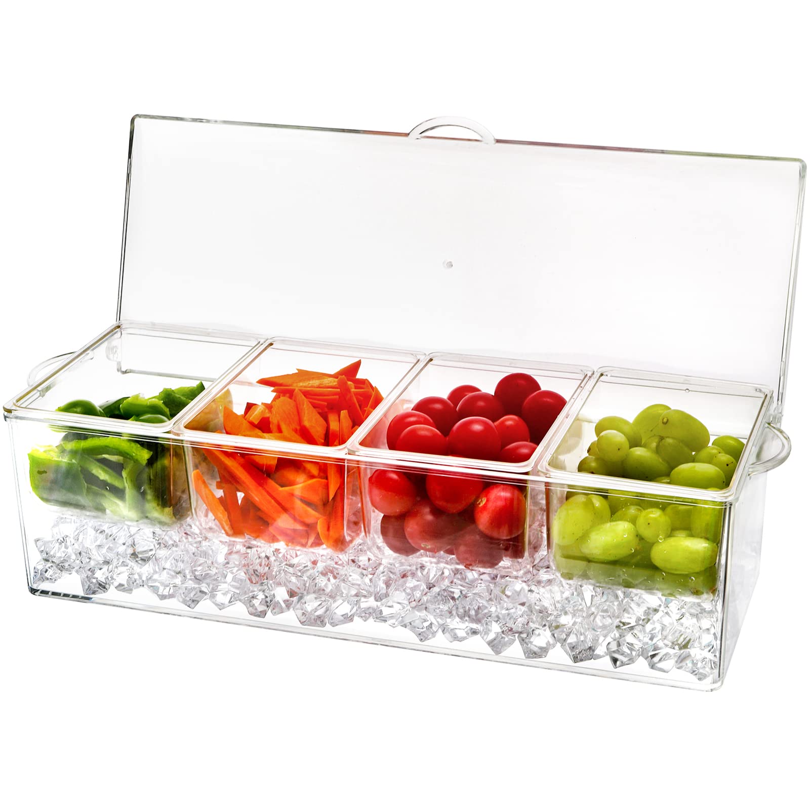 Jucoan Large Ice Chilled Condiment Server With Lid And 4 Removable Compartment, Clear Plastic Condiment Server Caddy Tray On Ice