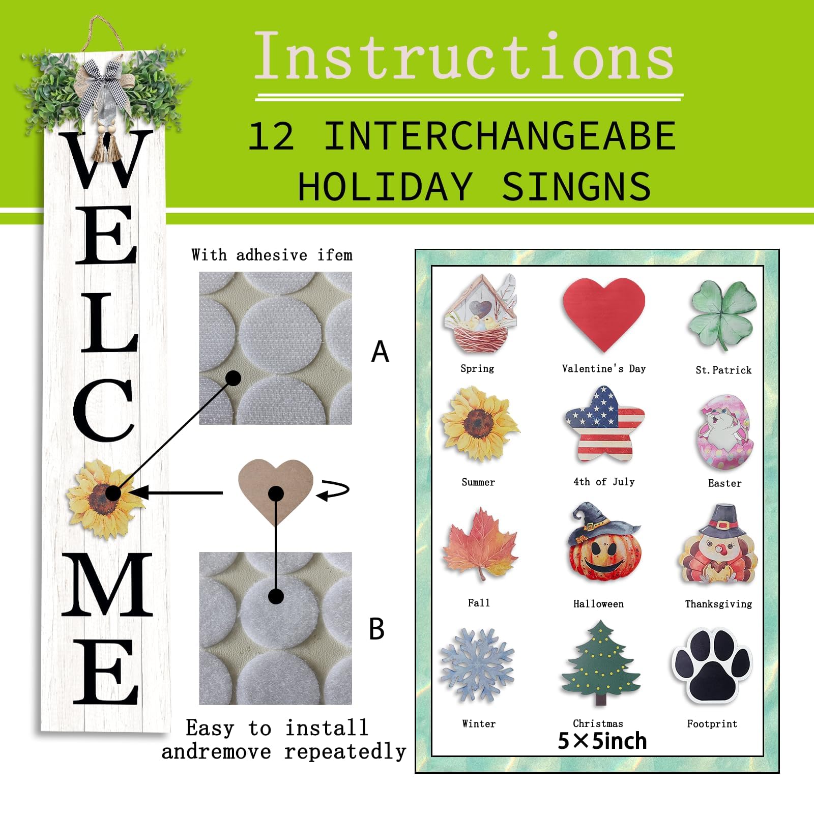Interchangeable Outdoor Welcome Sign for Front Porch Standing 47  8 with 12 Pcs Icons Vertical Tall Leaner Outside Welcome Sign