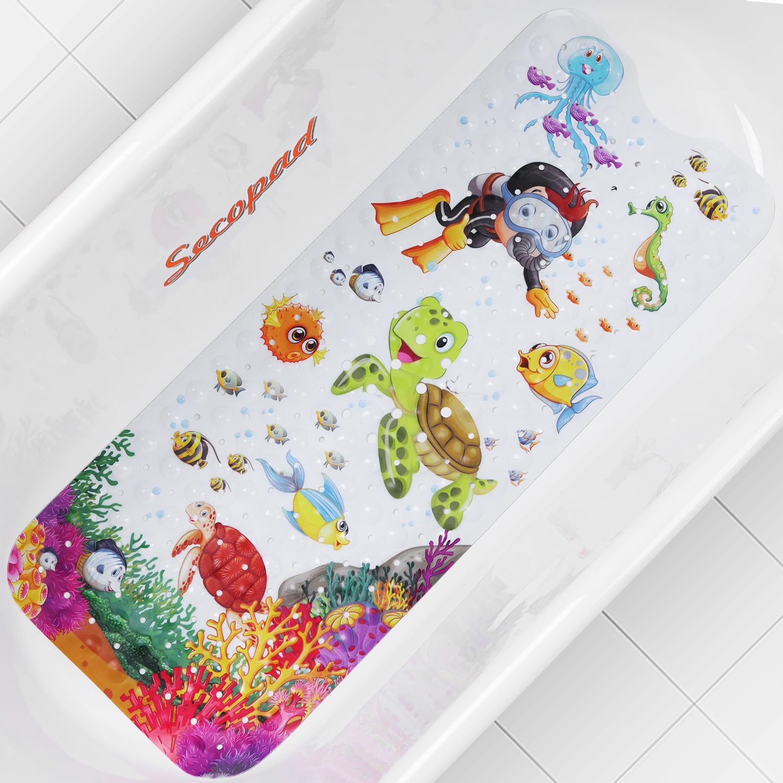 Secopad Baby Bath Mat for Tub for Kids  40 X 16 Inch Non Slip Cartoon Bath Tub Shower Mat Anti Slip with Drain Holes and Suction Cups Machine Washable  Turtle