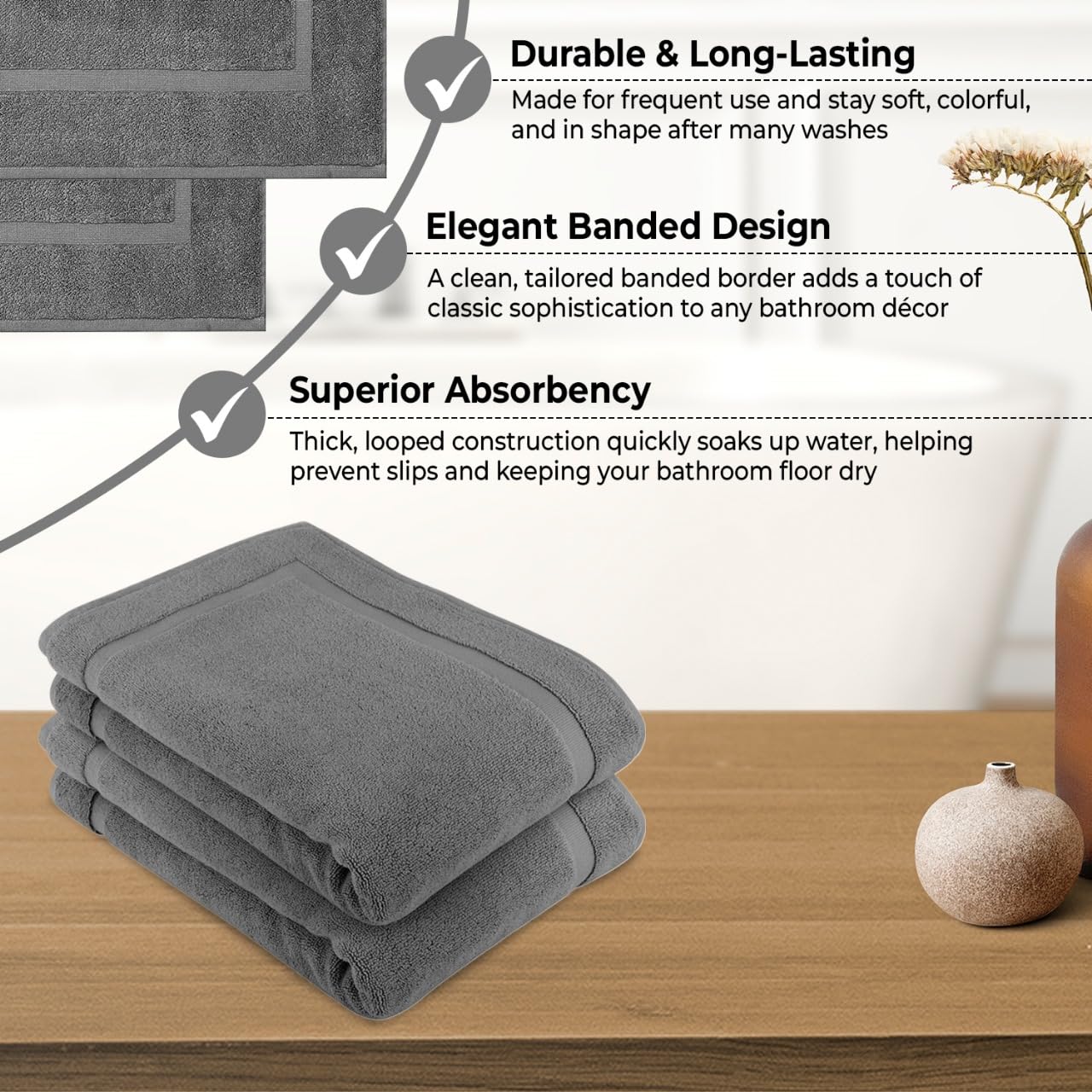 Eco Towels Cotton Banded Bath Mats 2 Pack, [Not A Bathroom Rug], 22''X34'' (Grey)