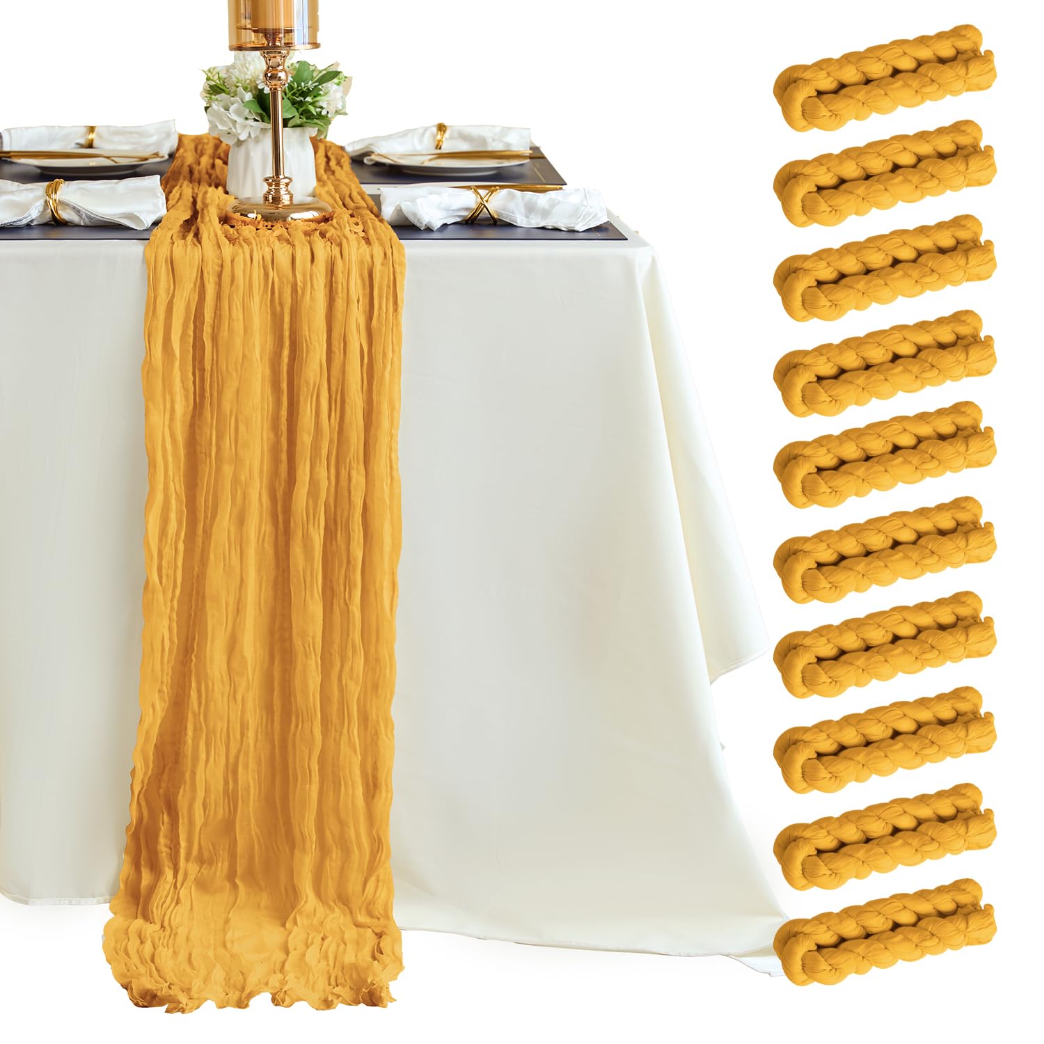 Sioloc 10 Pack Fall Table Runner,Yellow Cheesecloth Table Runner,10Ft Halloween Table Runner ,Boho Gauze Table Runner For Weddin