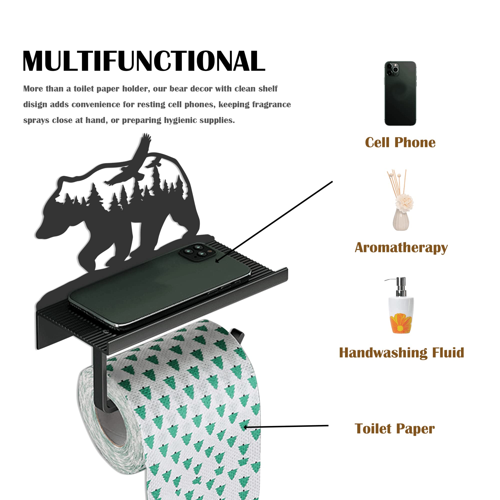 Bear Toilet Paper Holder With Shelf,Rustic Cabin Bathroom Decor, Farmhouse Forest Theme Kitchen Bathroom Decor, Black (A)