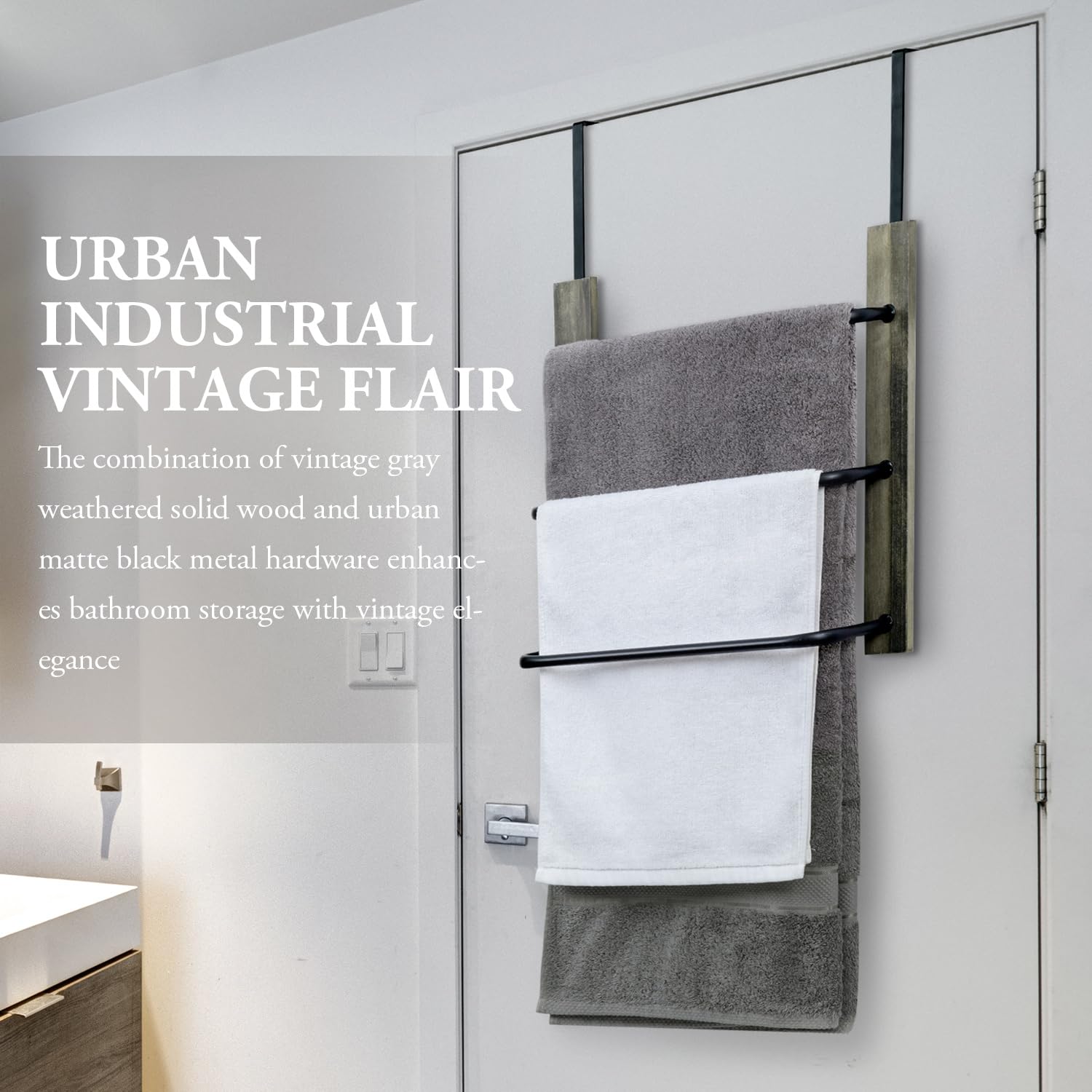 Mygift Modern Over The Door Towel Rack In Vintage Gray Solid Wood And 3 Tier Matte Black Metal Bars, Space Saving Bathroom Stora