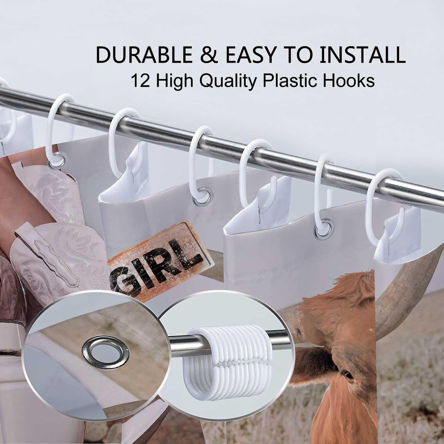 Western Boho Shower Curtain, Funny Rustic Farmhouse Cow Butterfly West Desert Cactus Cowboys Cowgirl Shower Curtain, Western Azt