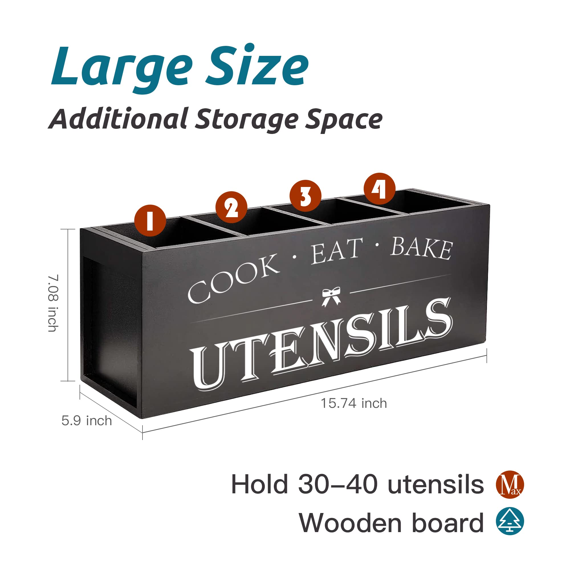 Suli Extra Large Kitchen Utensils Holder With 4 Compartments, Wooden Utensil Organizer For Kitchen Countertop, Farmhouse Kitchen