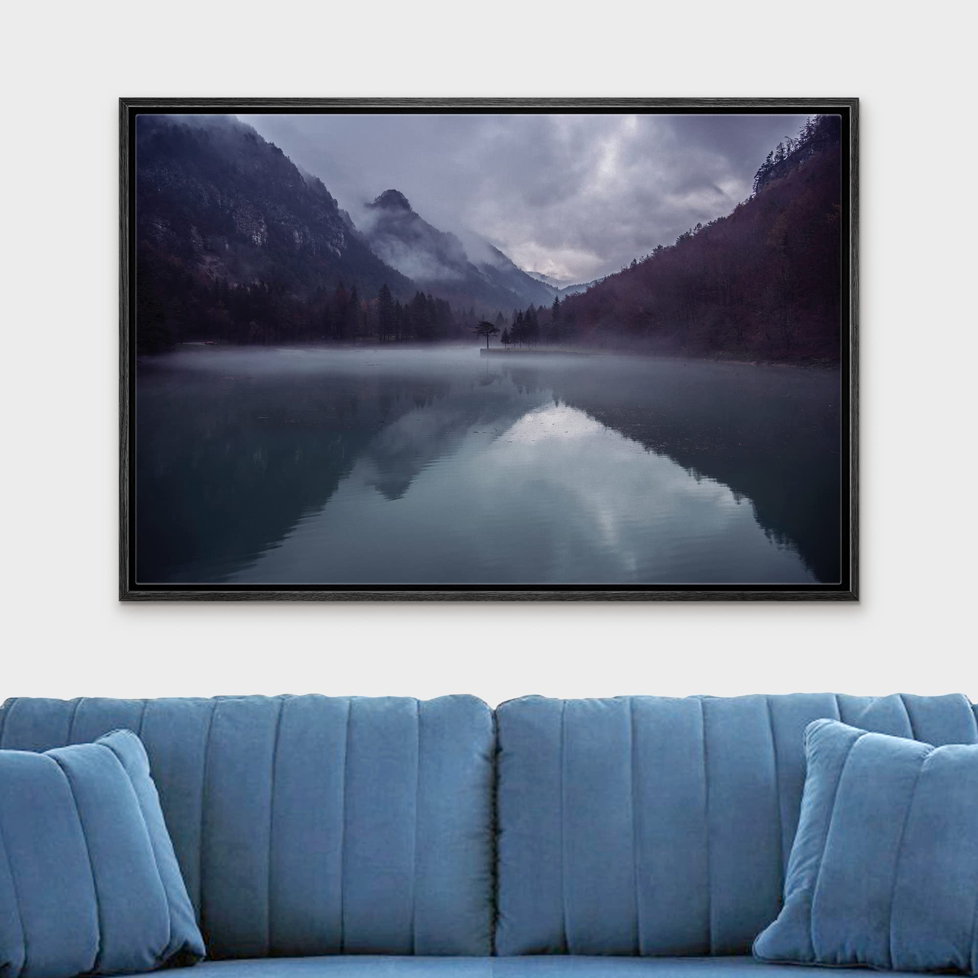 Wall26 Framed Canvas Print Wall Art Dark Blue & Purple Misty Mountain Reflections Nature Wilderness Photography Modern Art Rusti