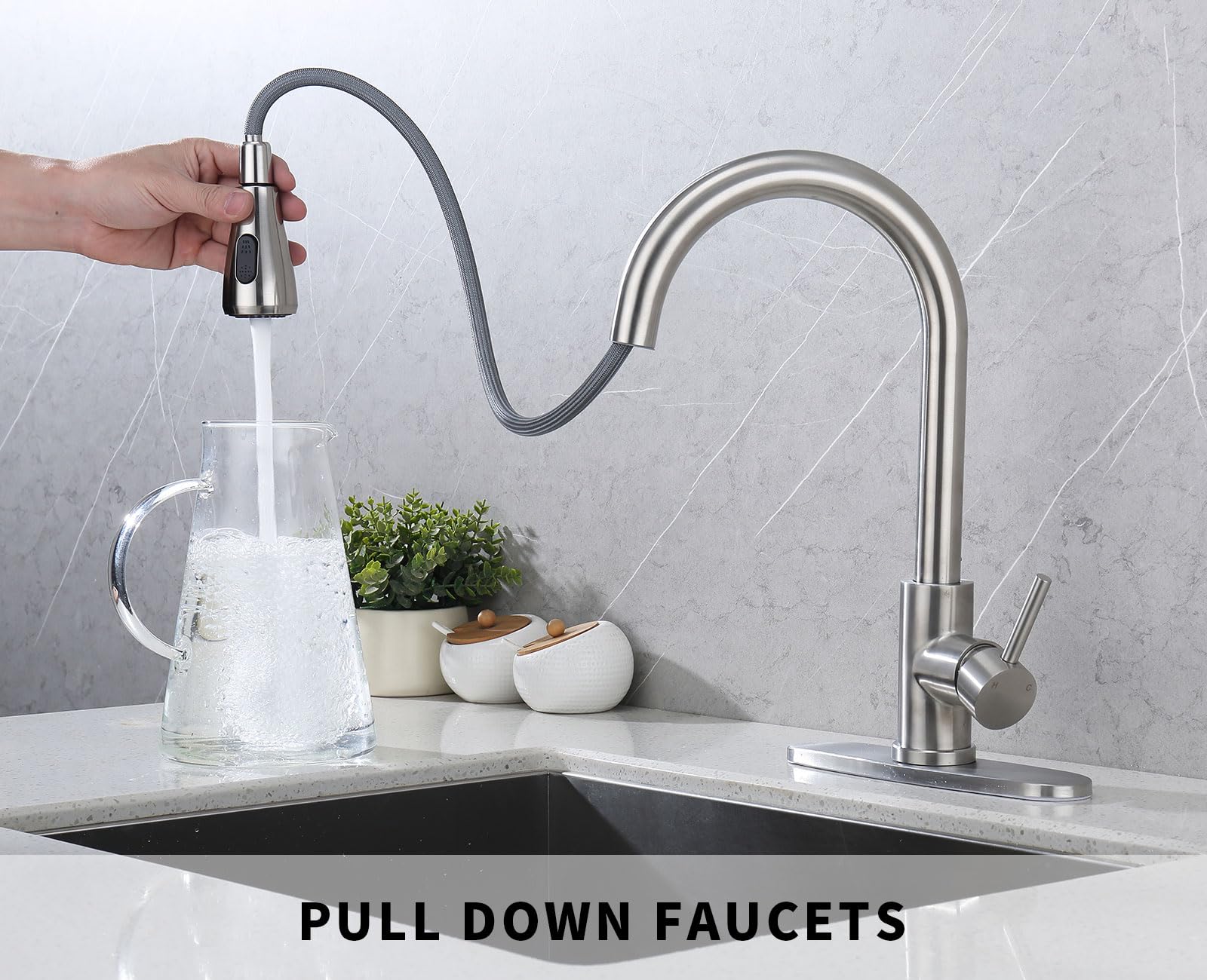 Kitchen Faucet With Pull Down Sprayer- Brushed Nickel Sink Faucets, 360 Swivel Single Handle High Arc Stainless Steel, Commercia