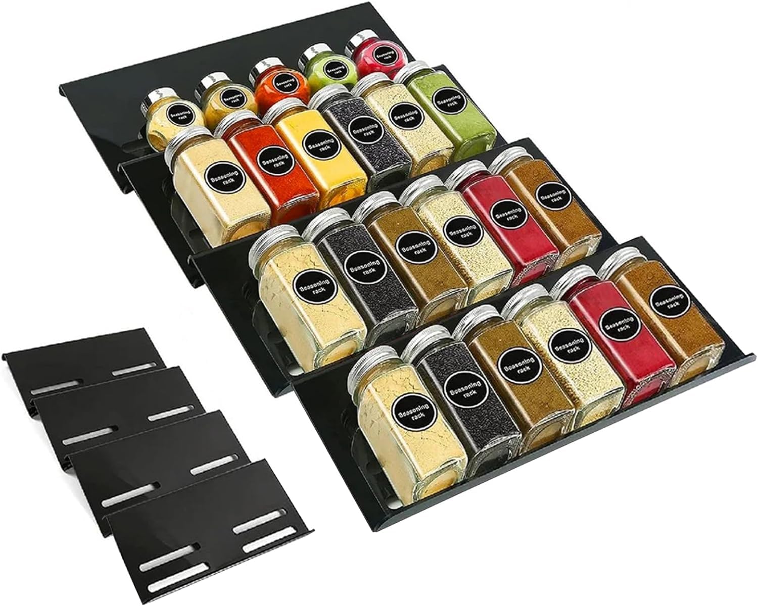 Fanassyy 4Pcs Black Acrylic Spice Drawer Organizer Seasoning Jars Drawers Insert Kitchen Spice Rack Tray For Drawer Spice Drawer
